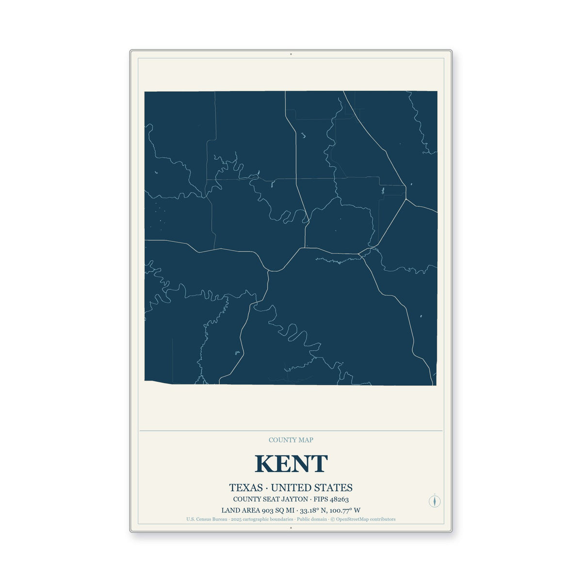 Kent County, Texas Map Aluminum Sign in Coastal Cutout style