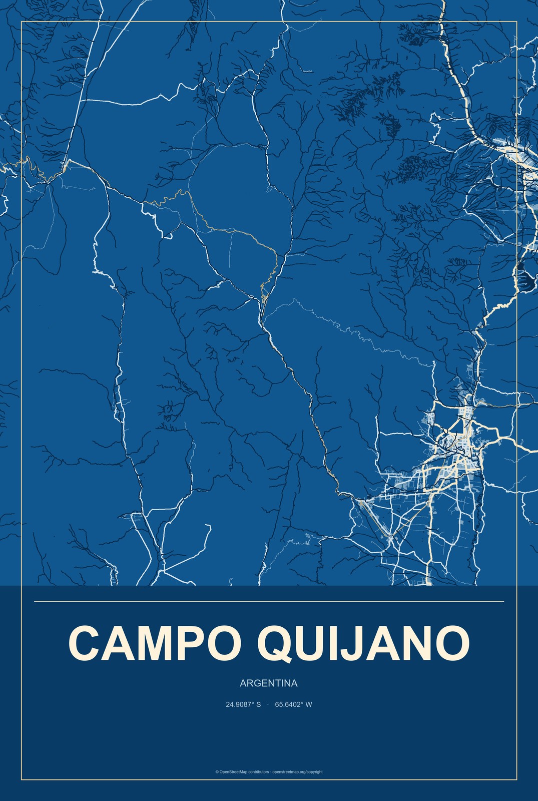 Campo Quijano, Argentina City Map Aluminum Sign in Harbor Cobalt style