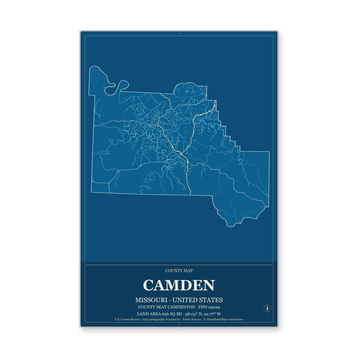 Camden County, Missouri Map Aluminum Sign in Harbor Cobalt style