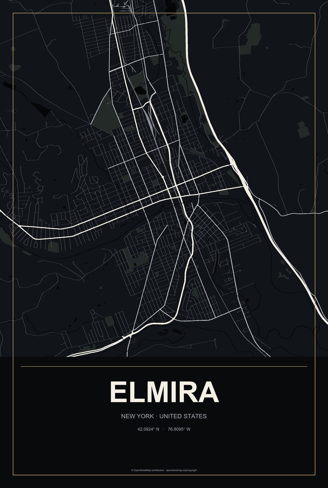 Elmira, New York City Map Aluminum Sign in Metropolitan Noir style