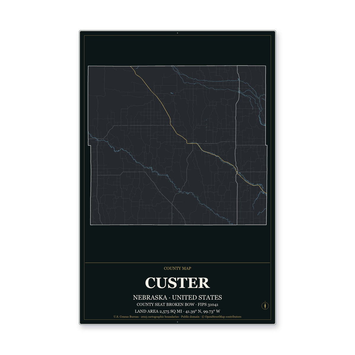 Custer County, Nebraska Map Aluminum Sign in Metropolitan Noir style