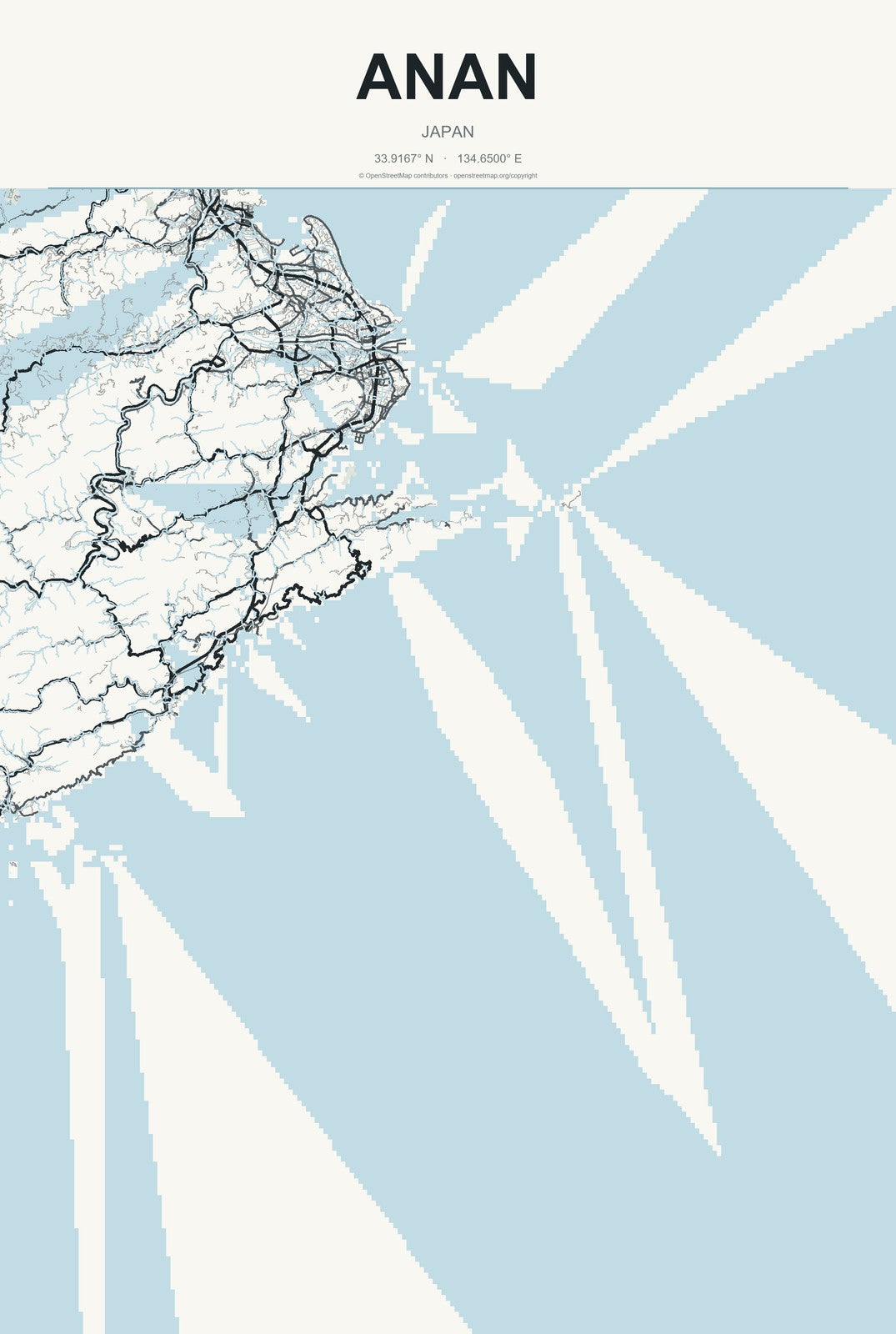 Anan, Japan City Map Aluminum Sign in Headline Atlas style