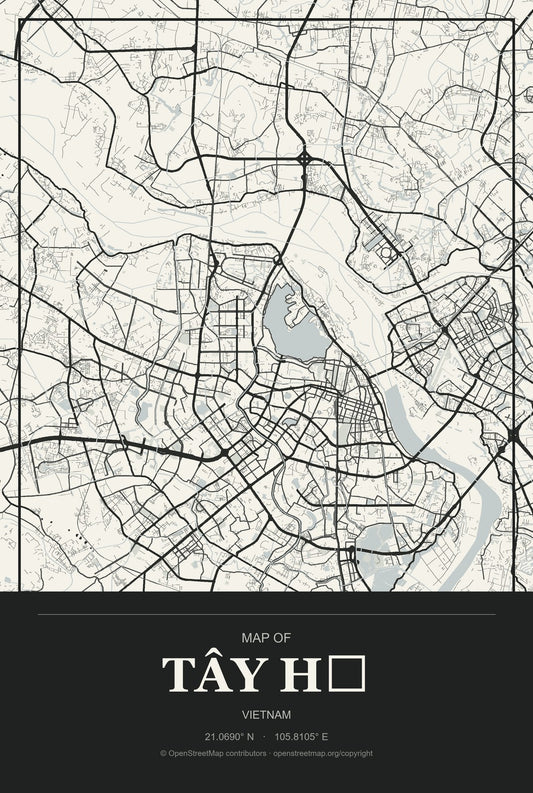 Tây Hồ, Vietnam City Map Aluminum Sign in Museum Plaque style