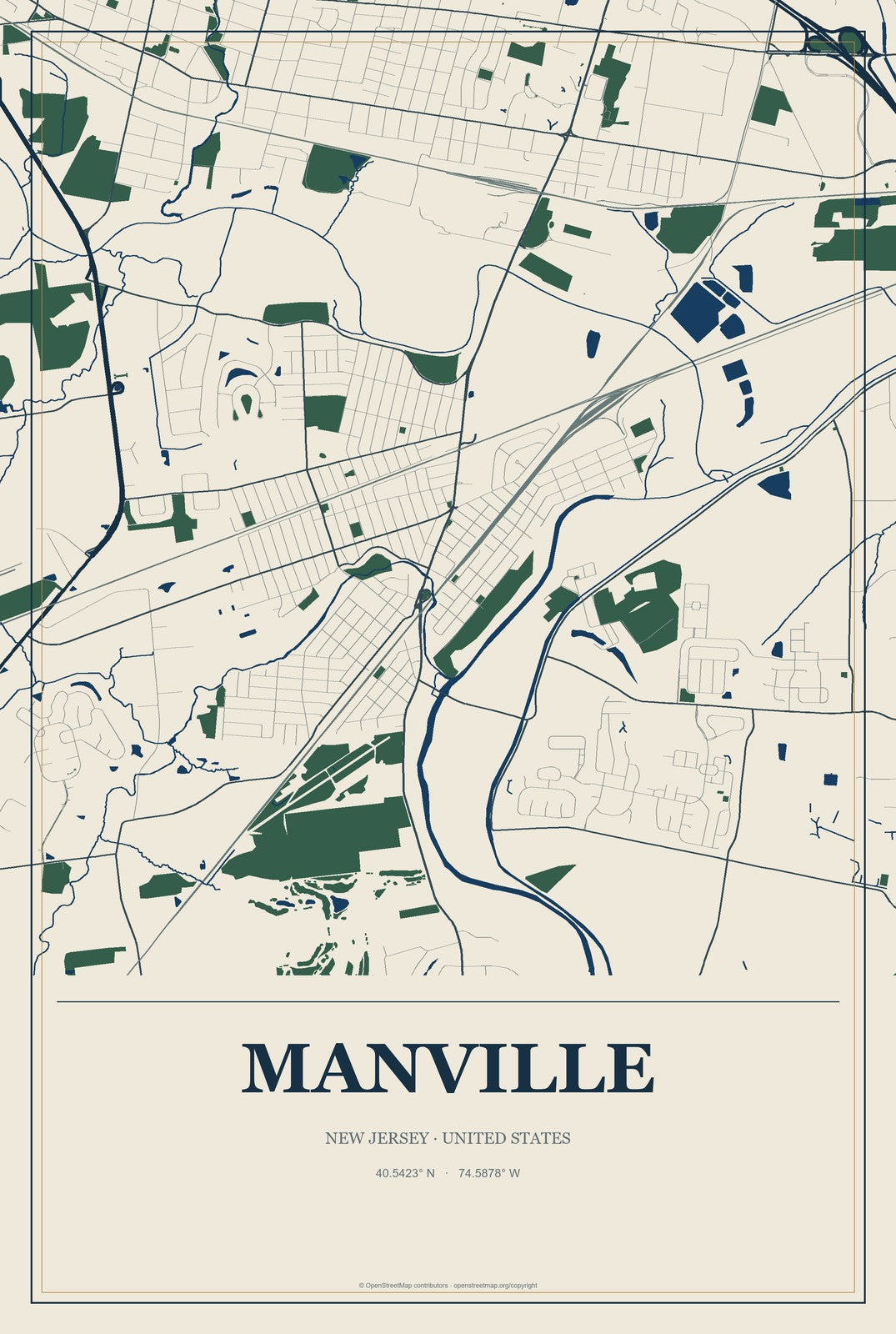 Manville, New Jersey City Map Aluminum Sign in Coastal Cutout style