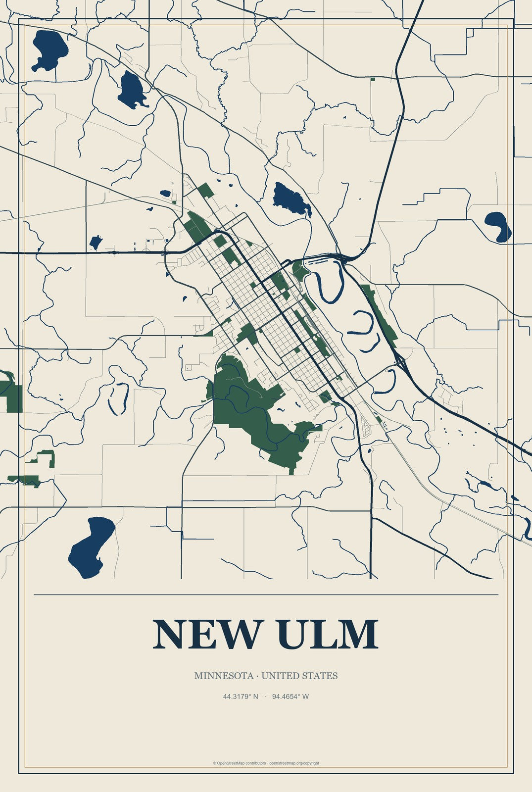 New Ulm, Minnesota City Map Aluminum Sign in Coastal Cutout style