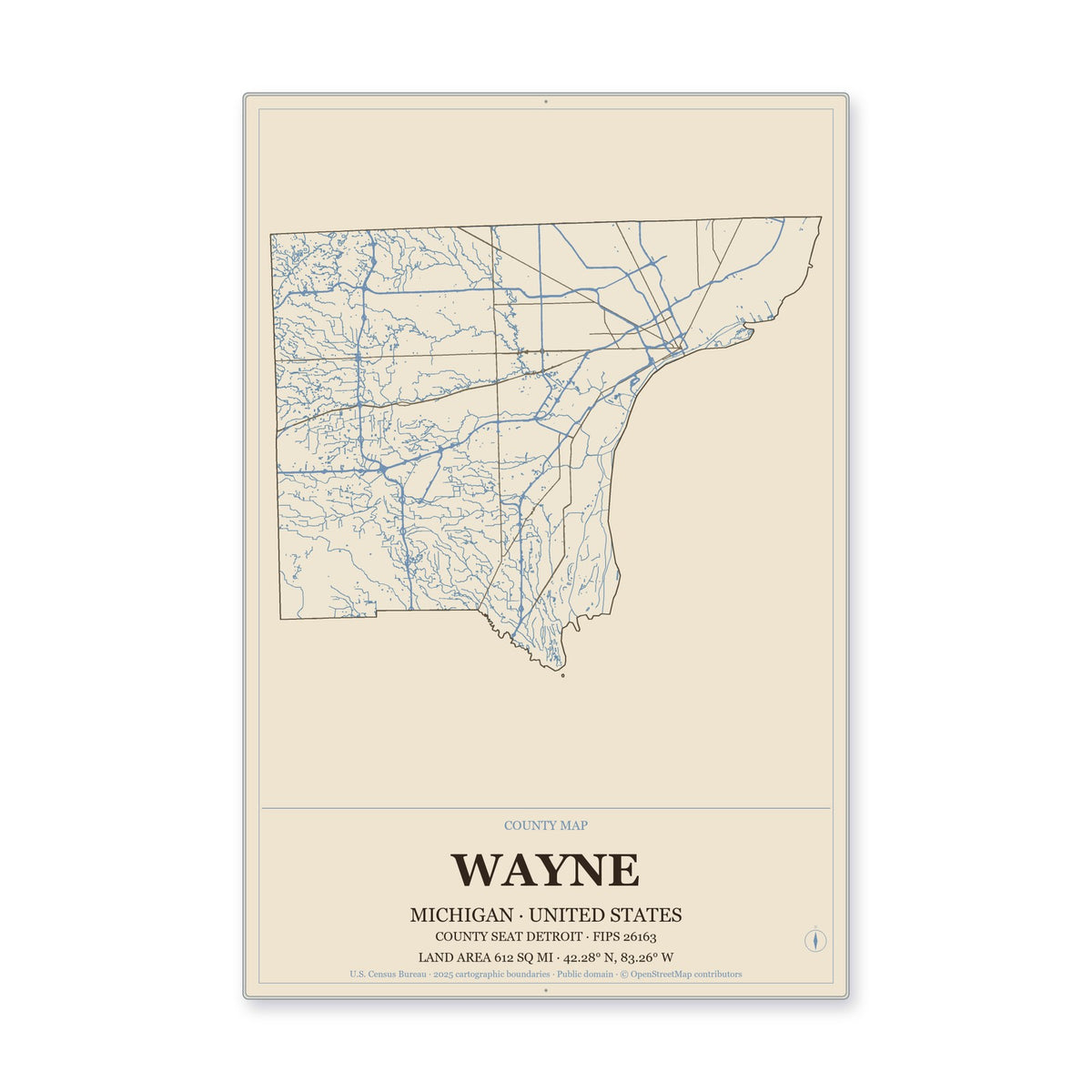Wayne County, Michigan Map Aluminum Sign in Heritage Nautical style