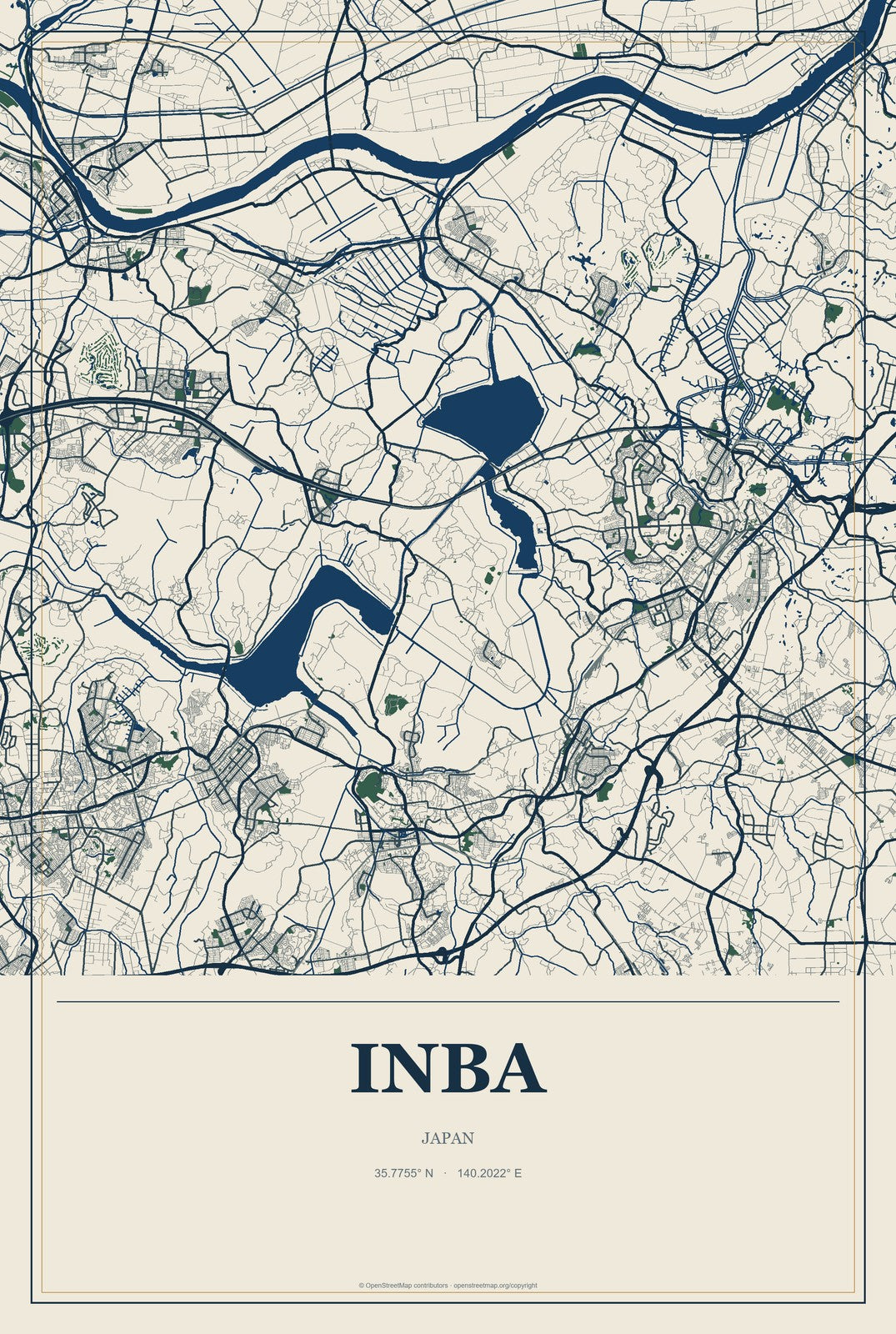 Inba, Japan City Map Aluminum Sign in Coastal Cutout style