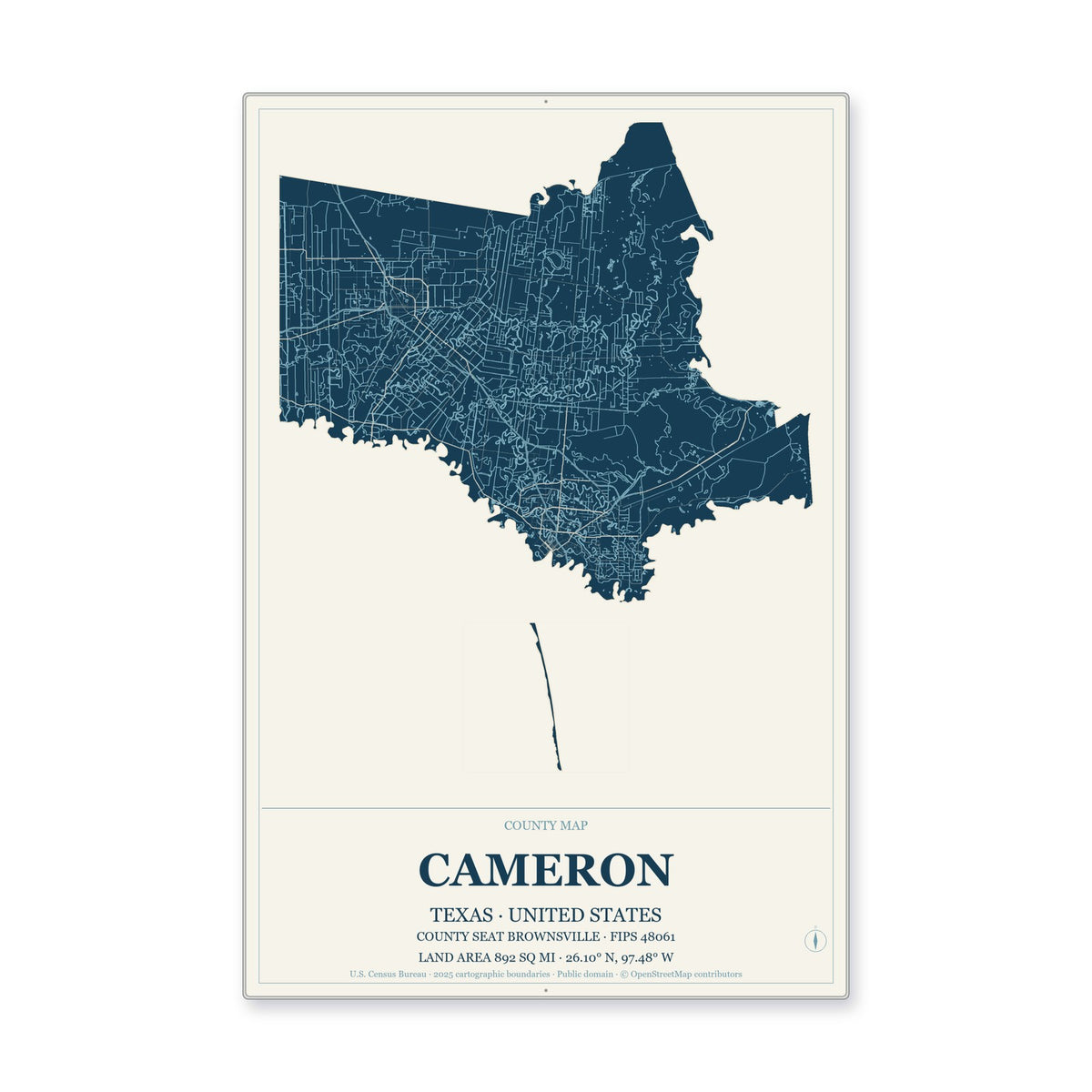 Cameron County, Texas Map Aluminum Sign in Coastal Cutout style