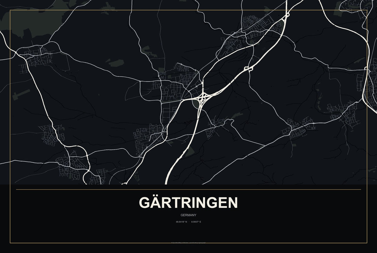 Gärtringen, Germany City Map Aluminum Sign in Metropolitan Noir style