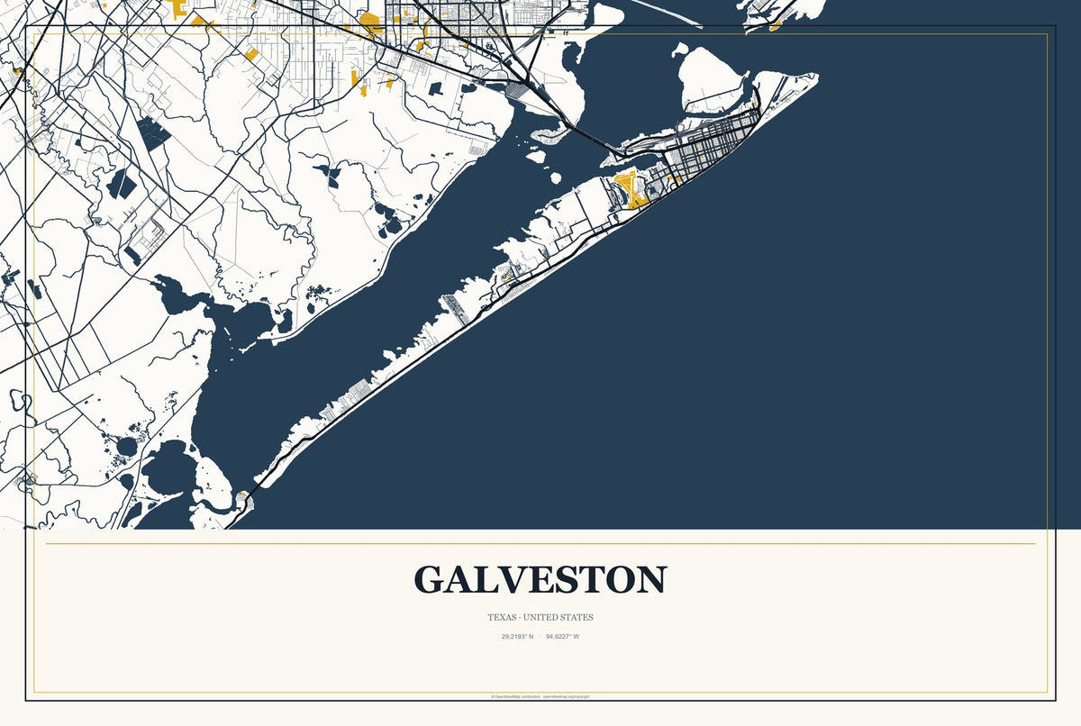 Galveston, Texas City Map Aluminum Sign in Citrine Modern style