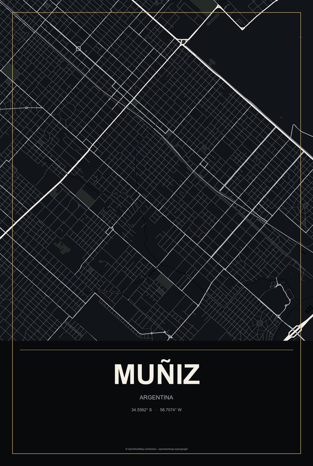 Muñiz, Argentina City Map Aluminum Sign in Metropolitan Noir style