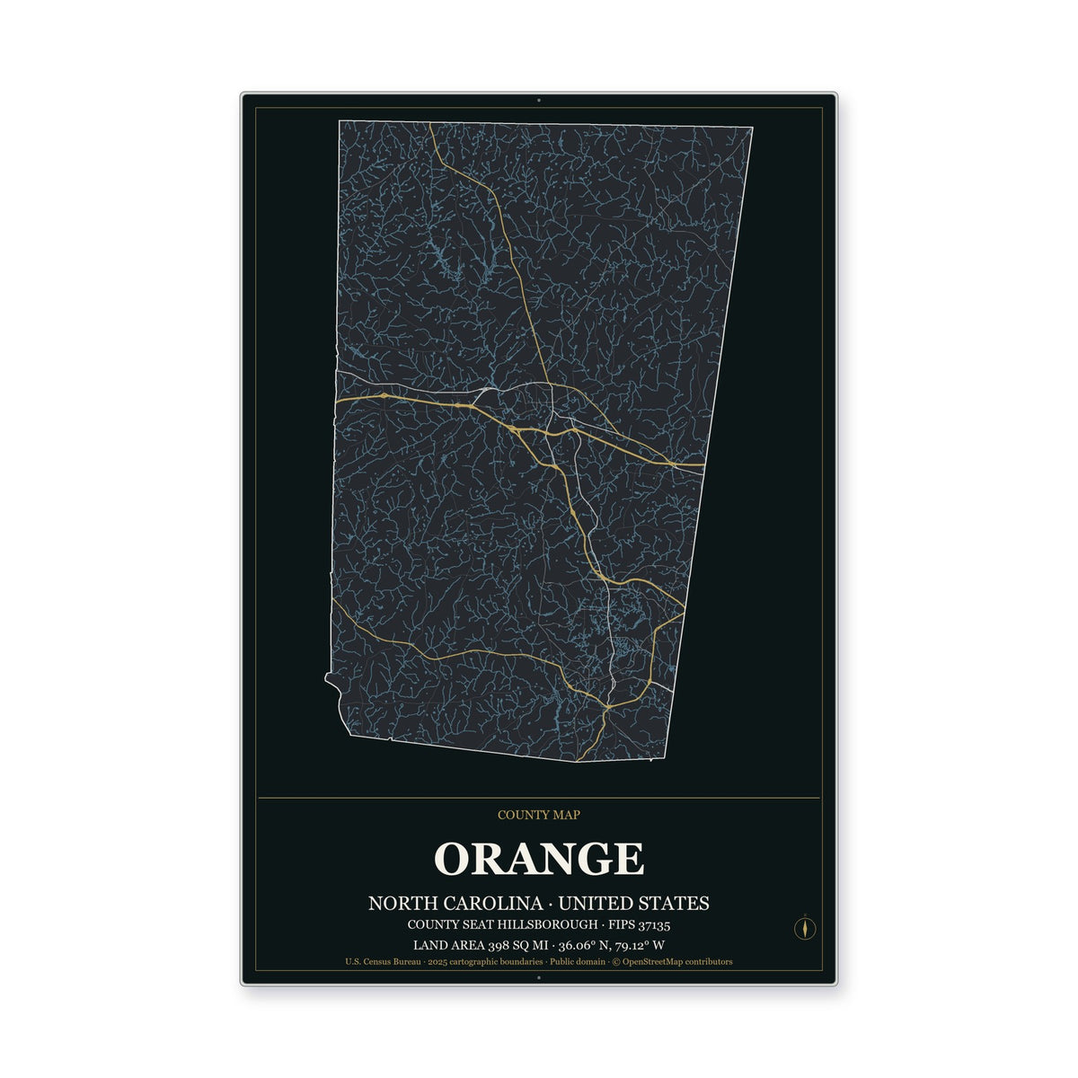 Orange County, North Carolina Map Aluminum Sign in Metropolitan Noir style
