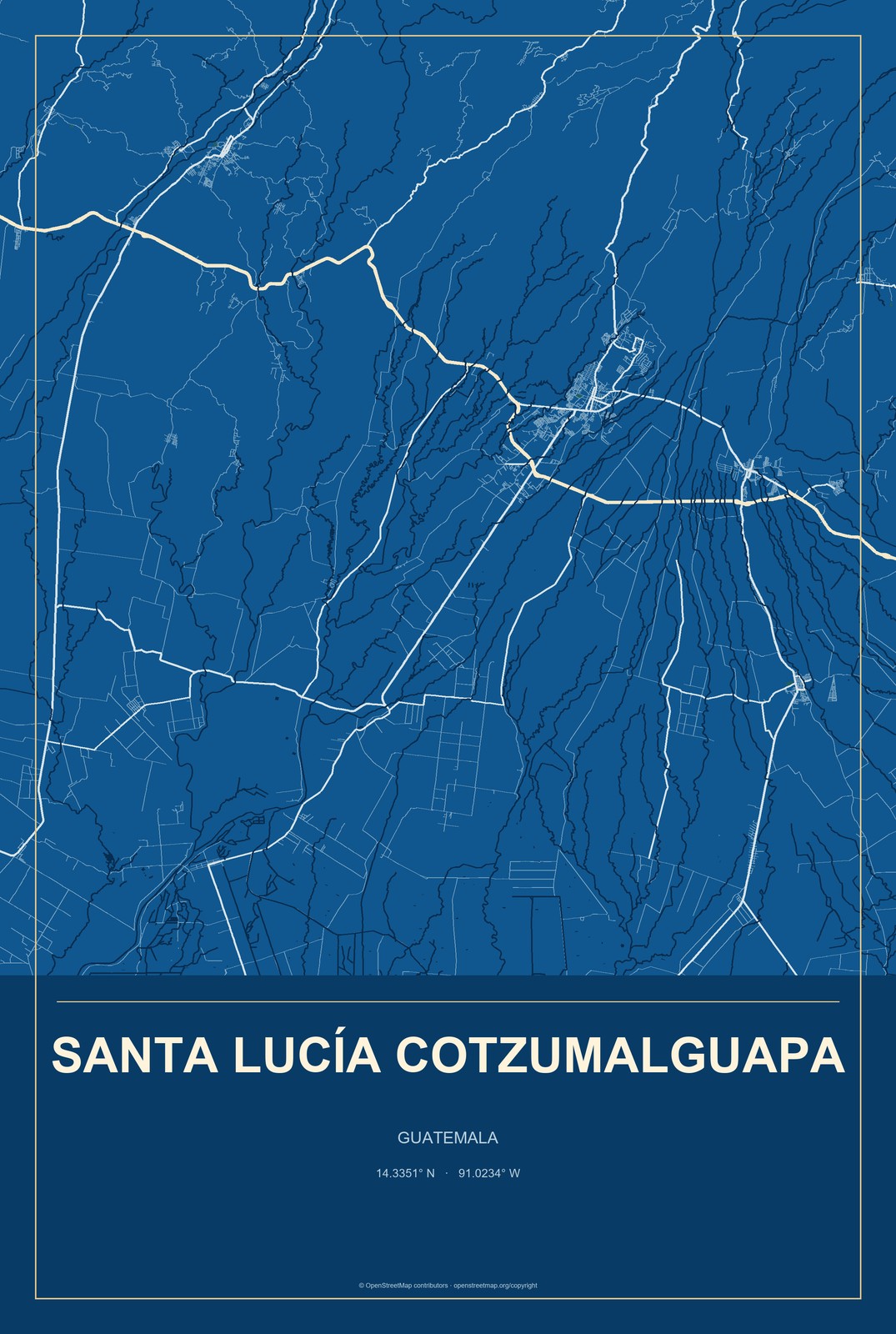Santa Lucía Cotzumalguapa, Guatemala City Map Aluminum Sign in Harbor Cobalt style