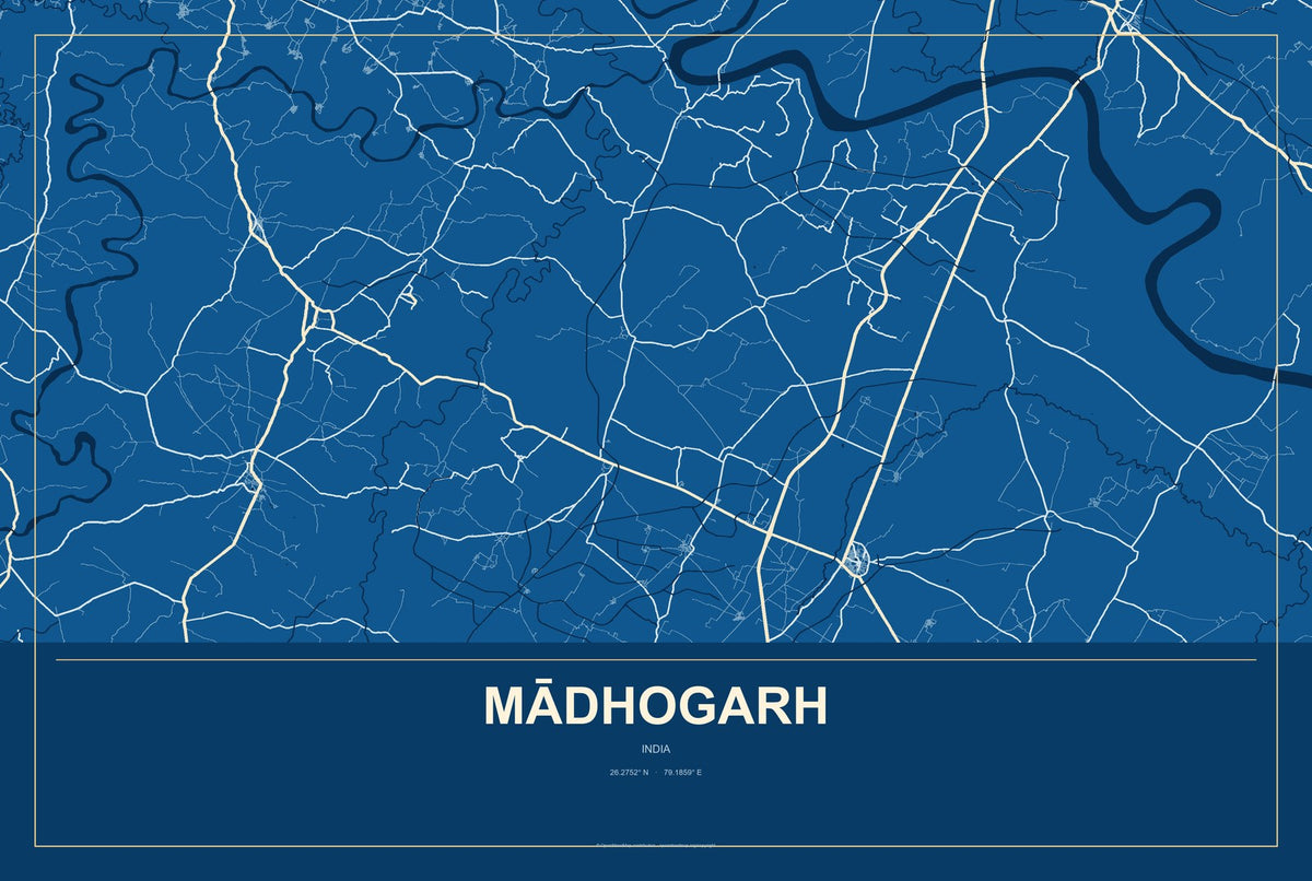 Mādhogarh, India City Map Aluminum Sign in Harbor Cobalt style
