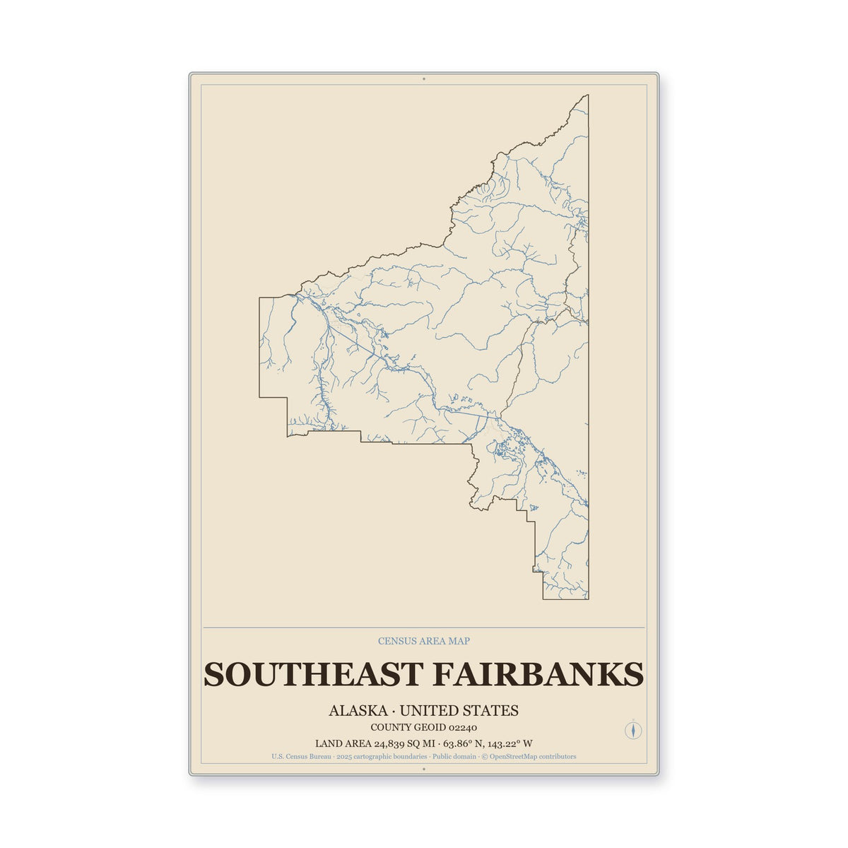 Southeast Fairbanks Census Area, Alaska Map Aluminum Sign in Heritage Nautical style