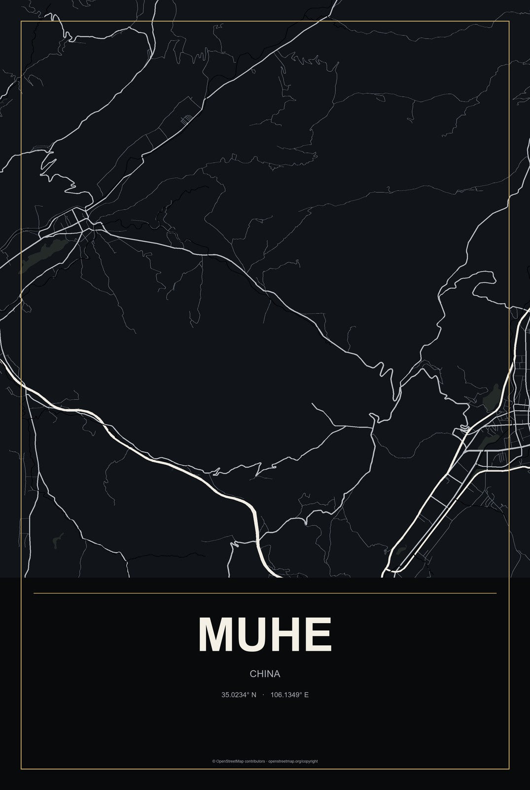 Muhe, China City Map Aluminum Sign in Metropolitan Noir style