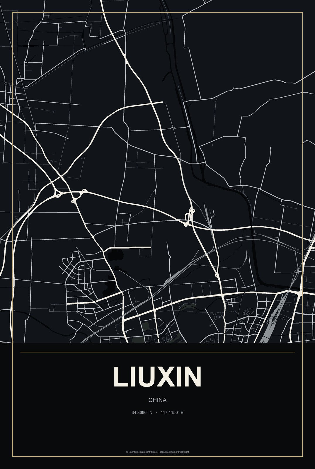 Liuxin, China City Map Aluminum Sign in Metropolitan Noir style