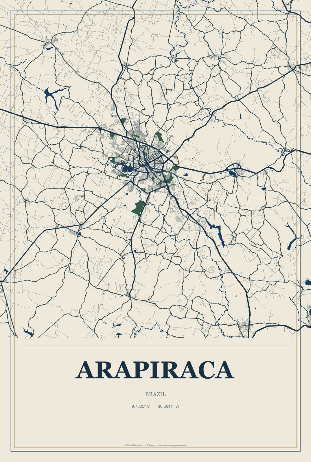 Arapiraca, Brazil City Map Aluminum Sign in Coastal Cutout style