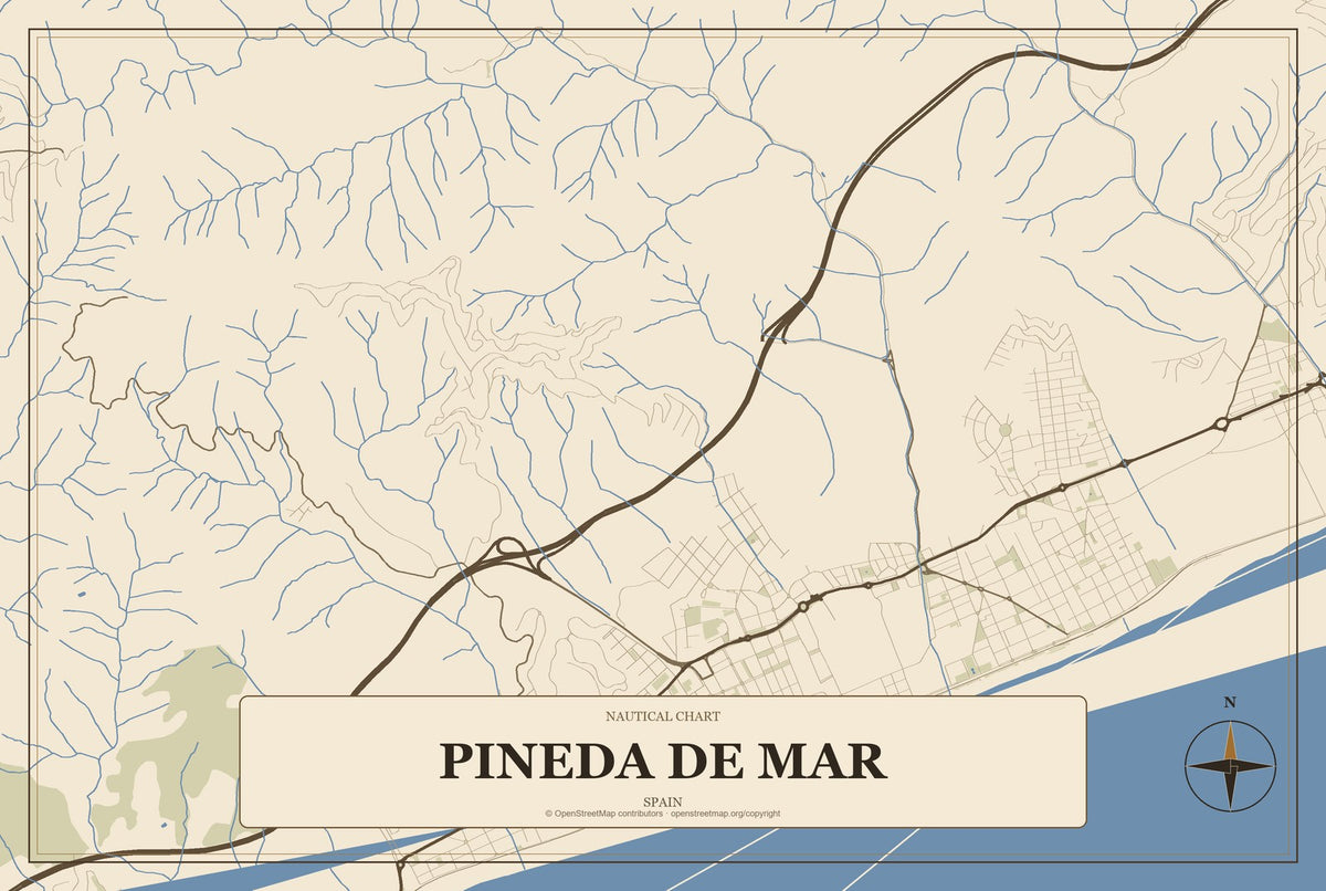 Pineda de Mar, Spain City Map Aluminum Sign in Heritage Nautical style