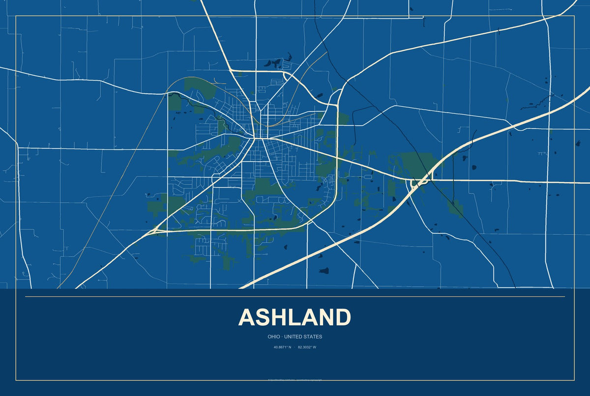 Ashland, Ohio City Map Aluminum Sign in Harbor Cobalt style