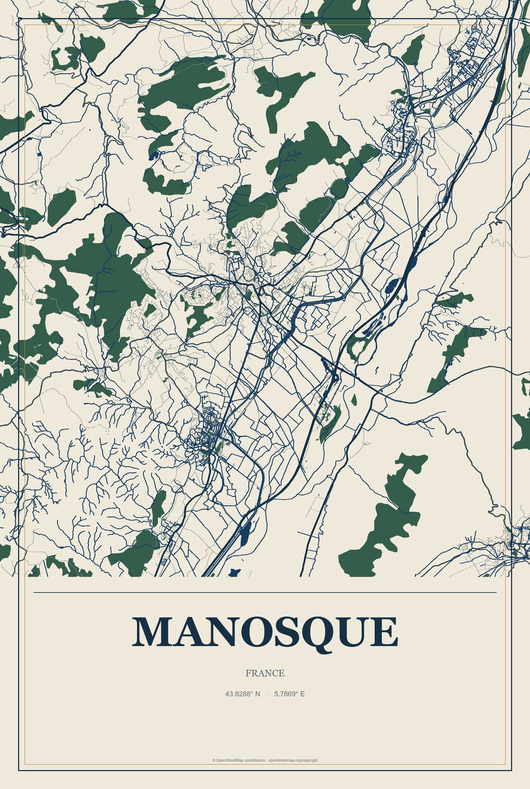 Manosque, France City Map Aluminum Sign in Coastal Cutout style