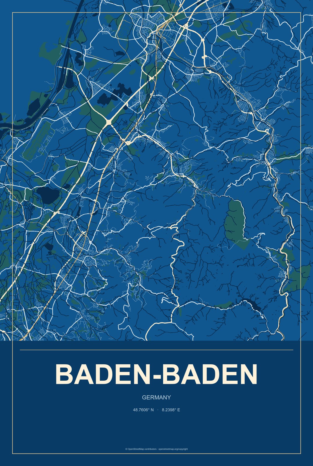 Baden-Baden, Germany City Map Aluminum Sign in Harbor Cobalt style
