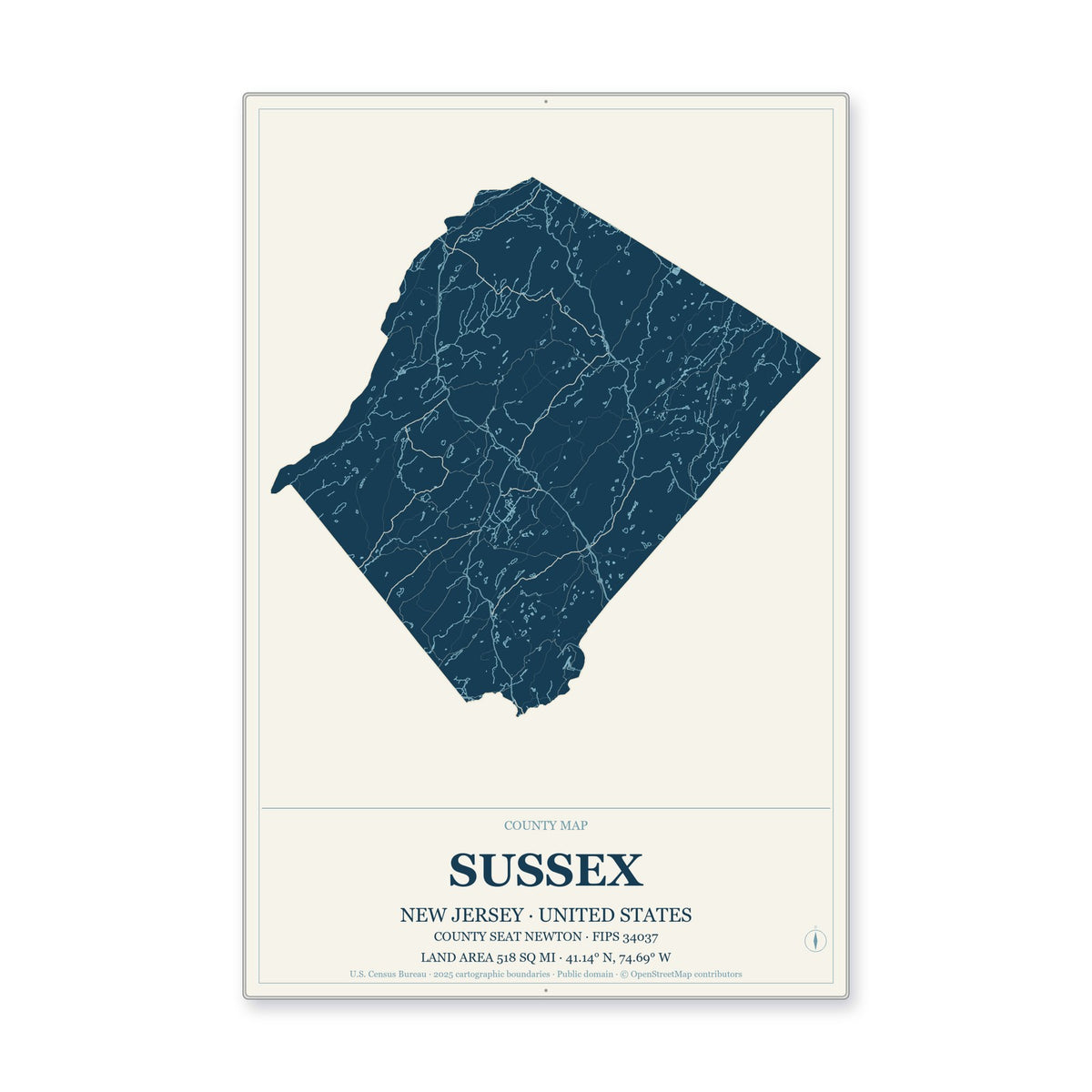 Sussex County, New Jersey Map Aluminum Sign in Coastal Cutout style