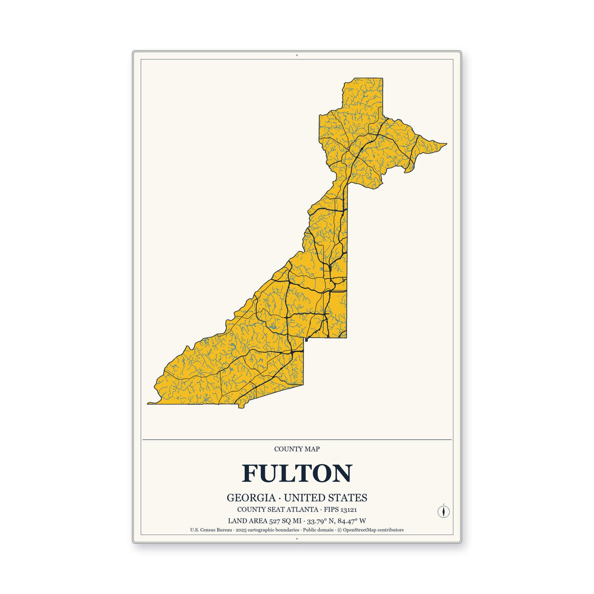 Fulton County, Georgia Map Aluminum Sign in Citrine Modern style