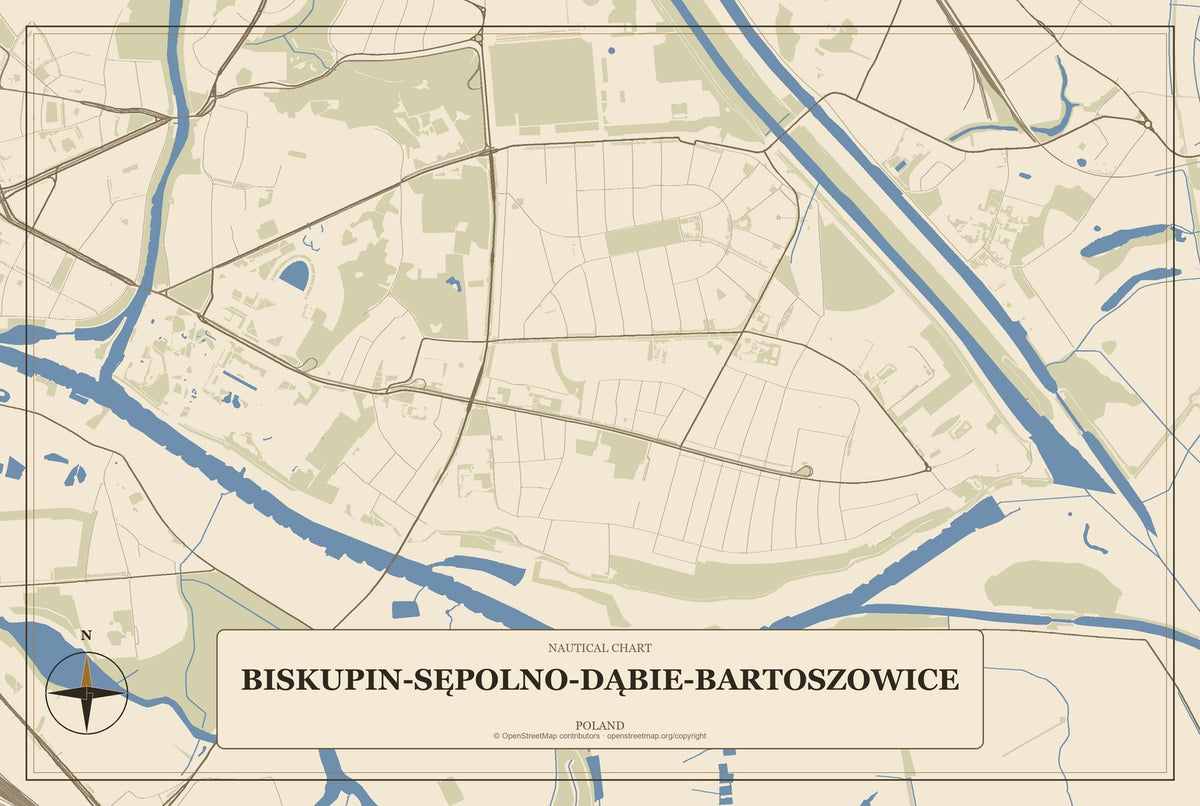 Biskupin-Sępolno-Dąbie-Bartoszowice, Poland City Map Aluminum Sign in Heritage Nautical style