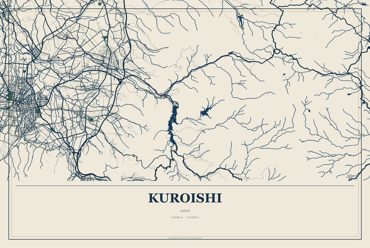 Kuroishi, Japan City Map Aluminum Sign in Coastal Cutout style