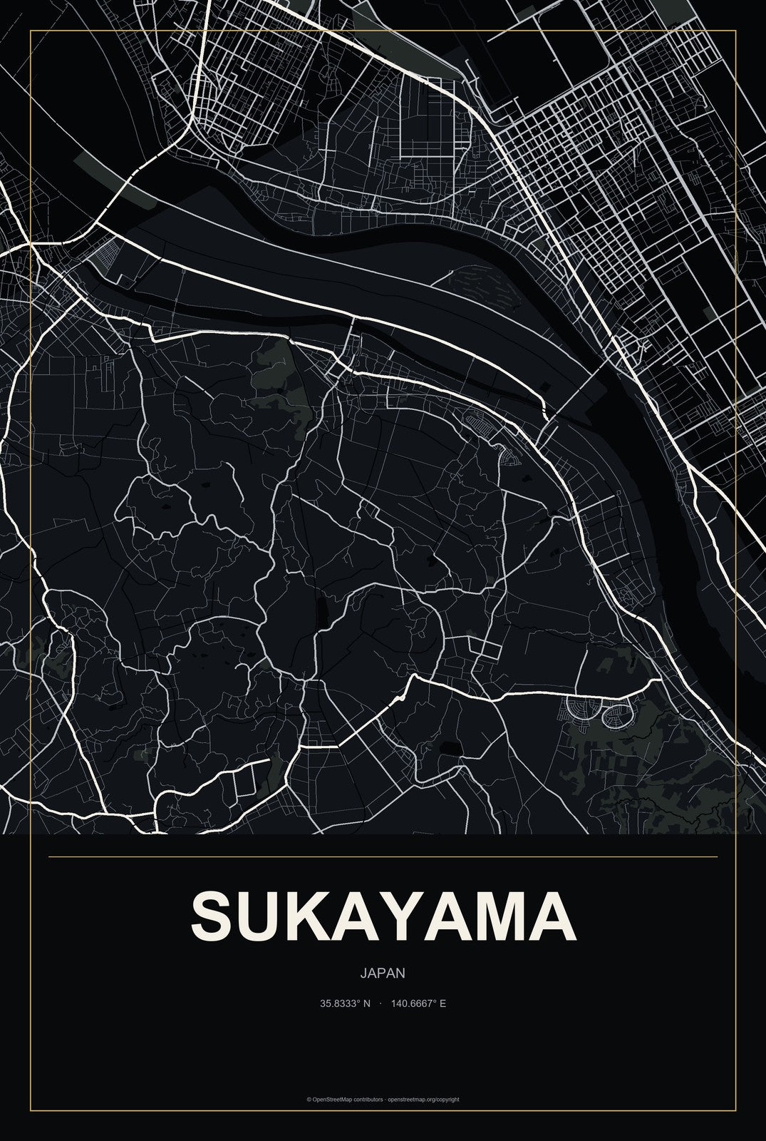 Sukayama, Japan City Map Aluminum Sign in Metropolitan Noir style