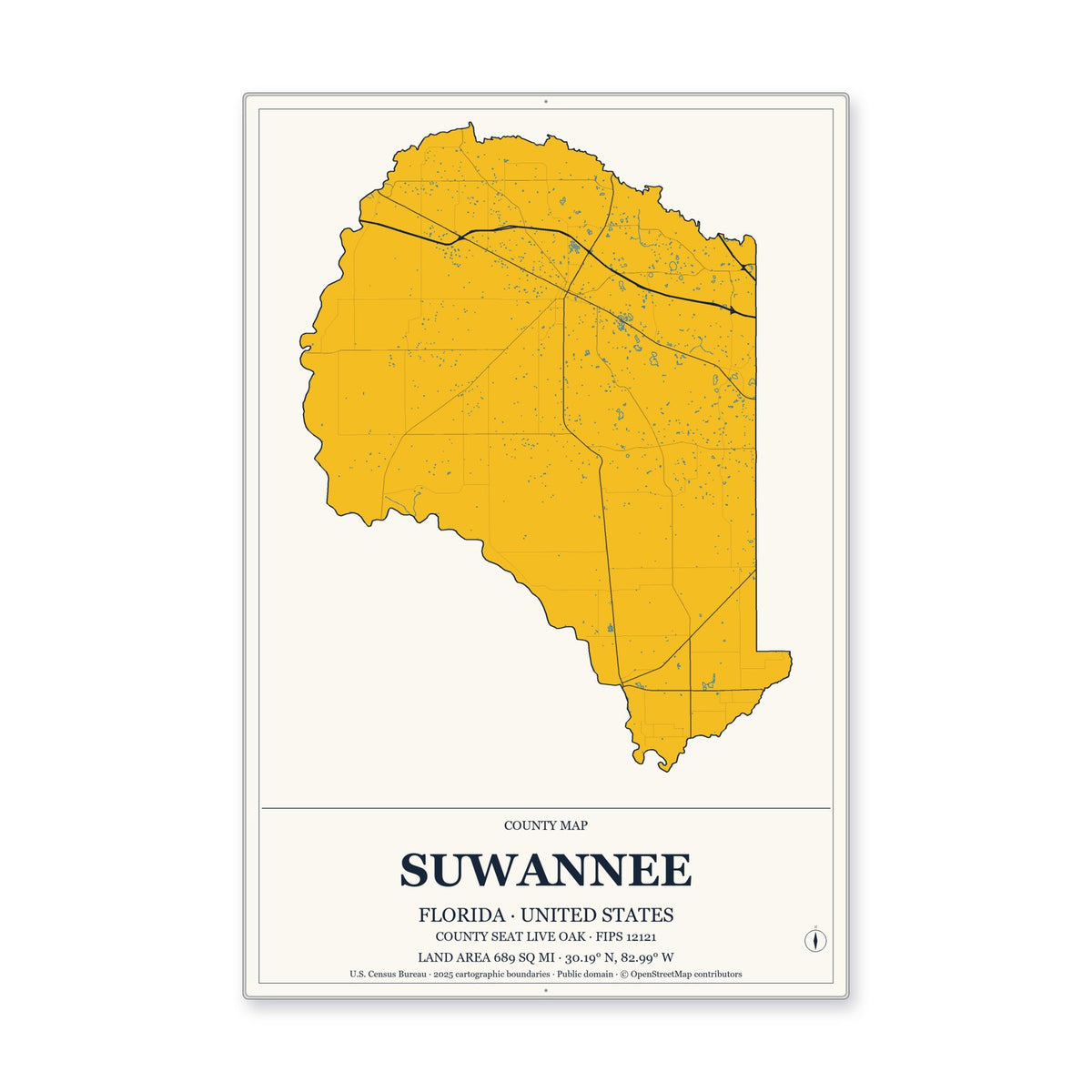 Suwannee County, Florida Map Aluminum Sign in Citrine Modern style