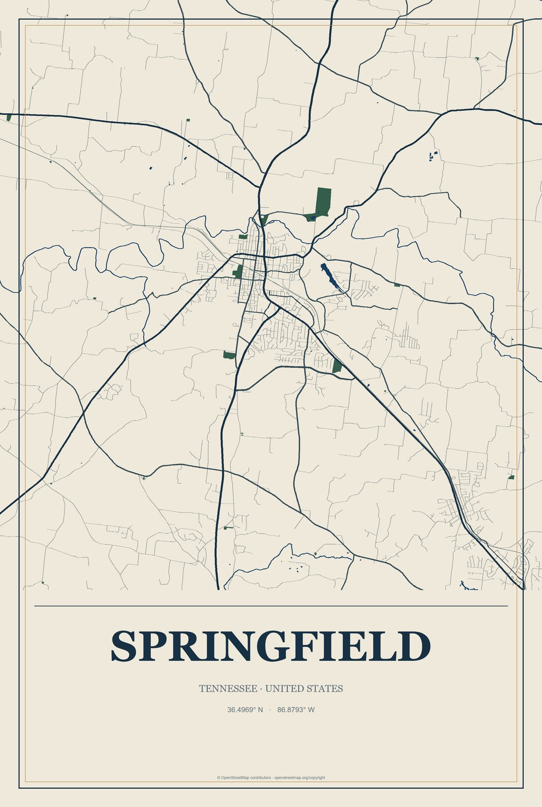 Springfield, Tennessee City Map Aluminum Sign in Coastal Cutout style