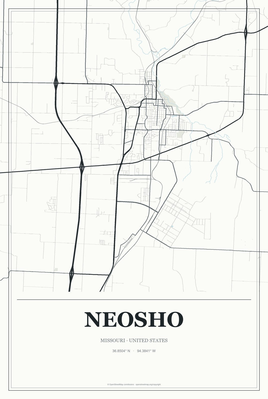 Neosho, Missouri City Map Aluminum Sign in Gallery Air style