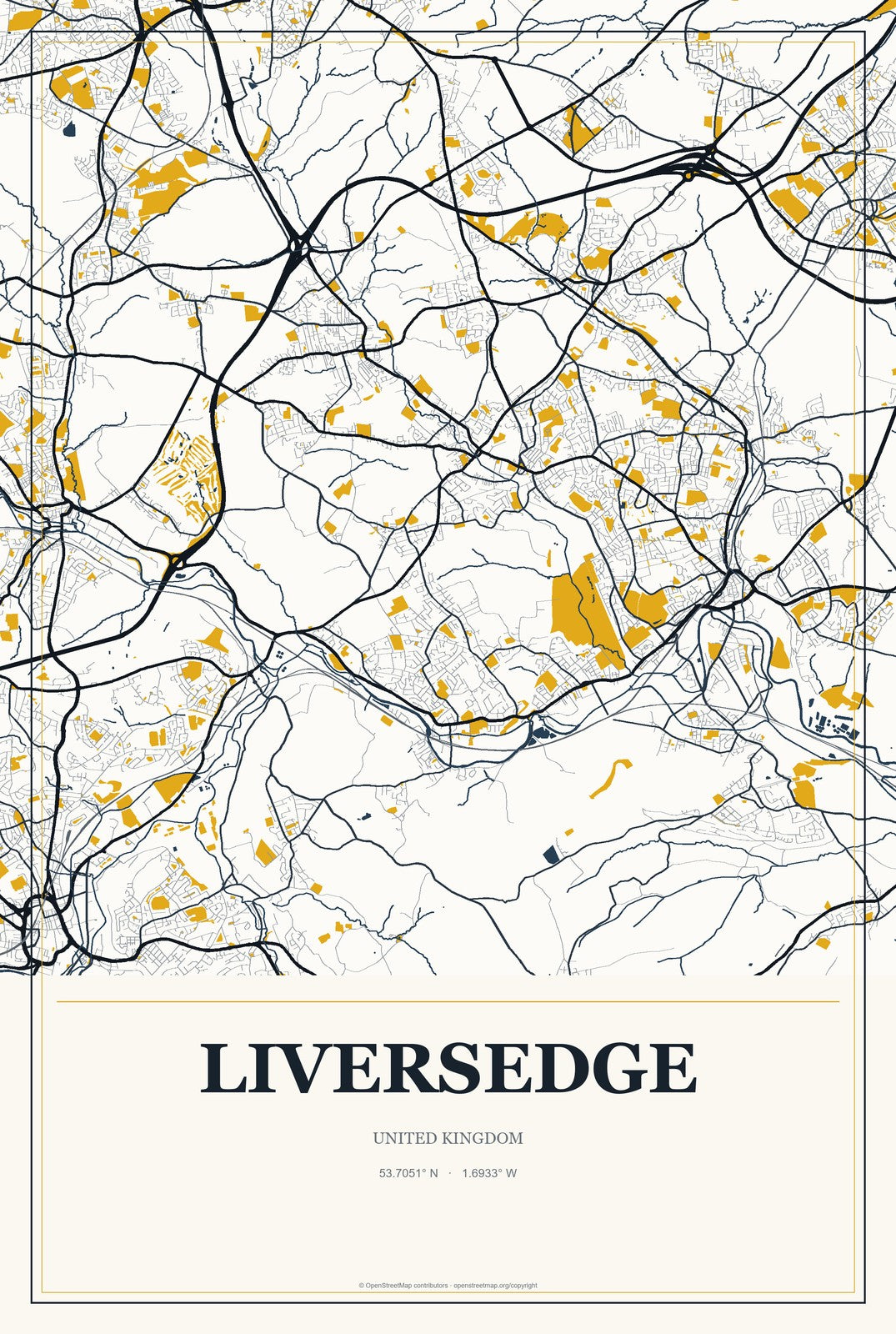 Liversedge, United Kingdom City Map Aluminum Sign in Citrine Modern style