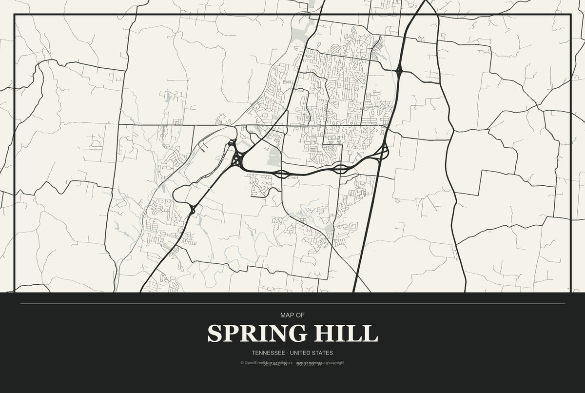 Spring Hill, Tennessee City Map Aluminum Sign in Museum Plaque style