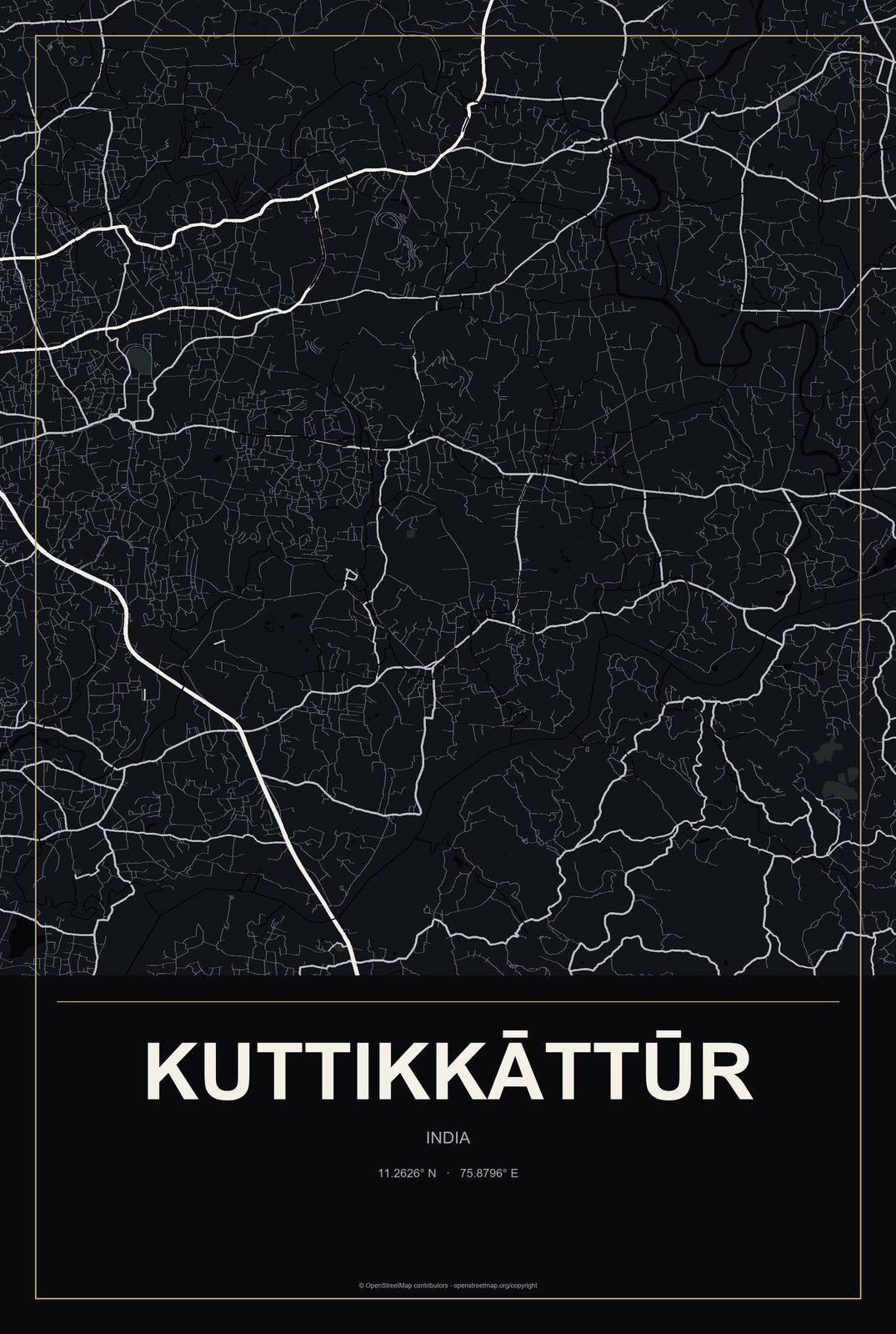 Kuttikkāttūr, India City Map Aluminum Sign in Metropolitan Noir style