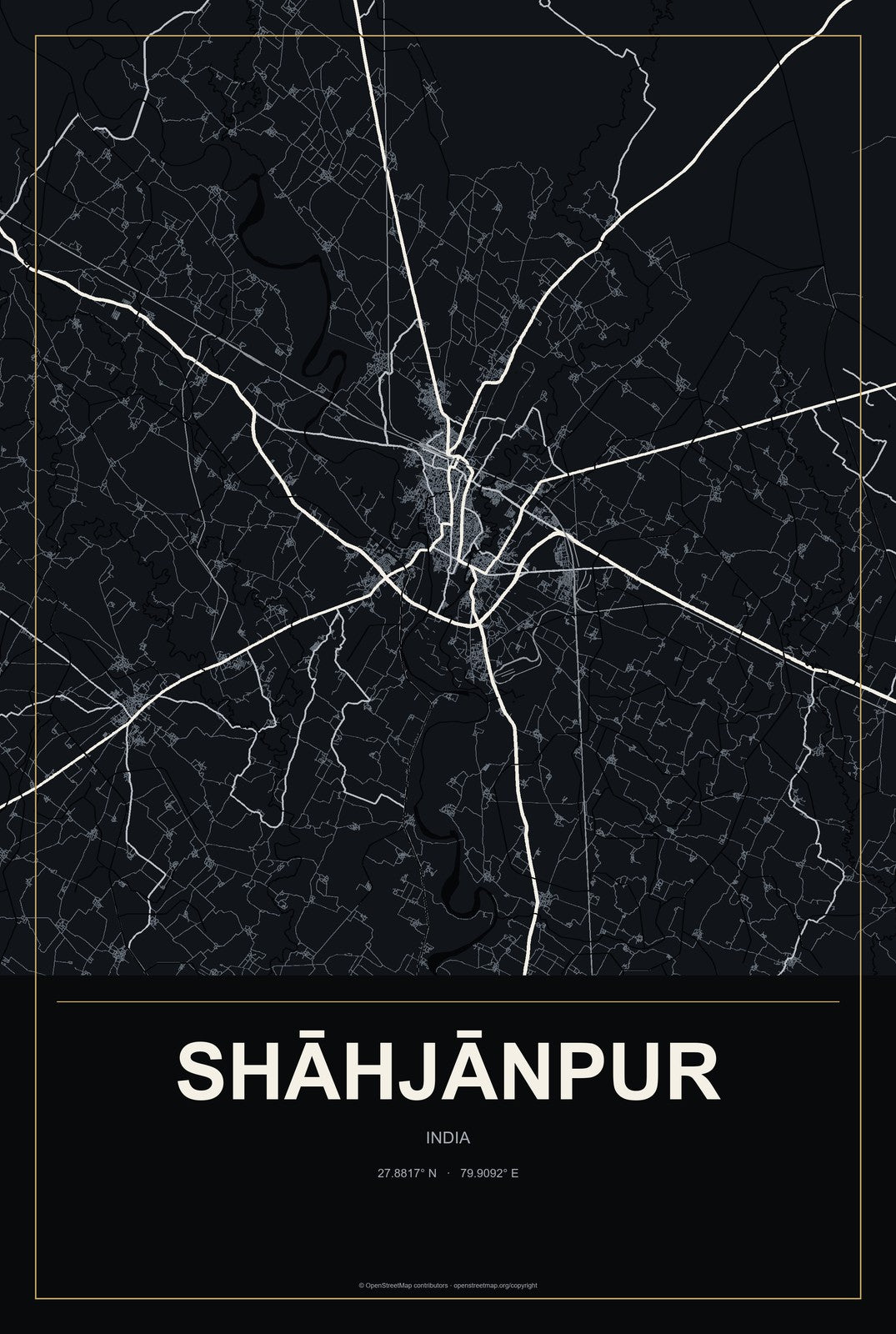 Shāhjānpur, India City Map Aluminum Sign in Metropolitan Noir style