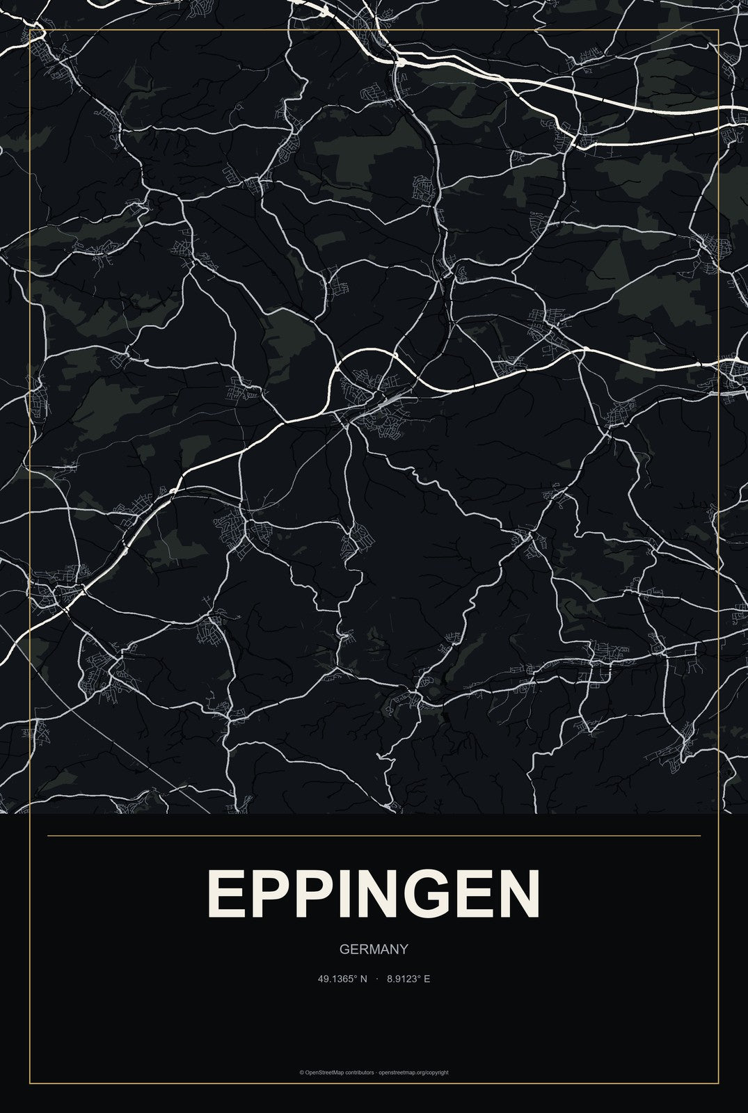 Eppingen, Germany City Map Aluminum Sign in Metropolitan Noir style