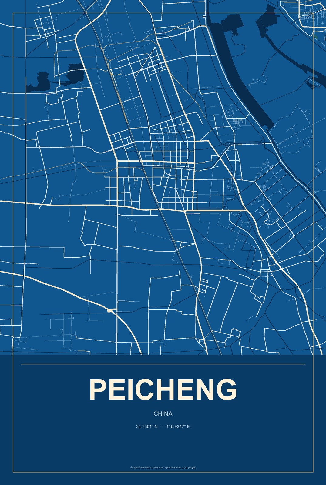 Peicheng, China City Map Aluminum Sign in Harbor Cobalt style