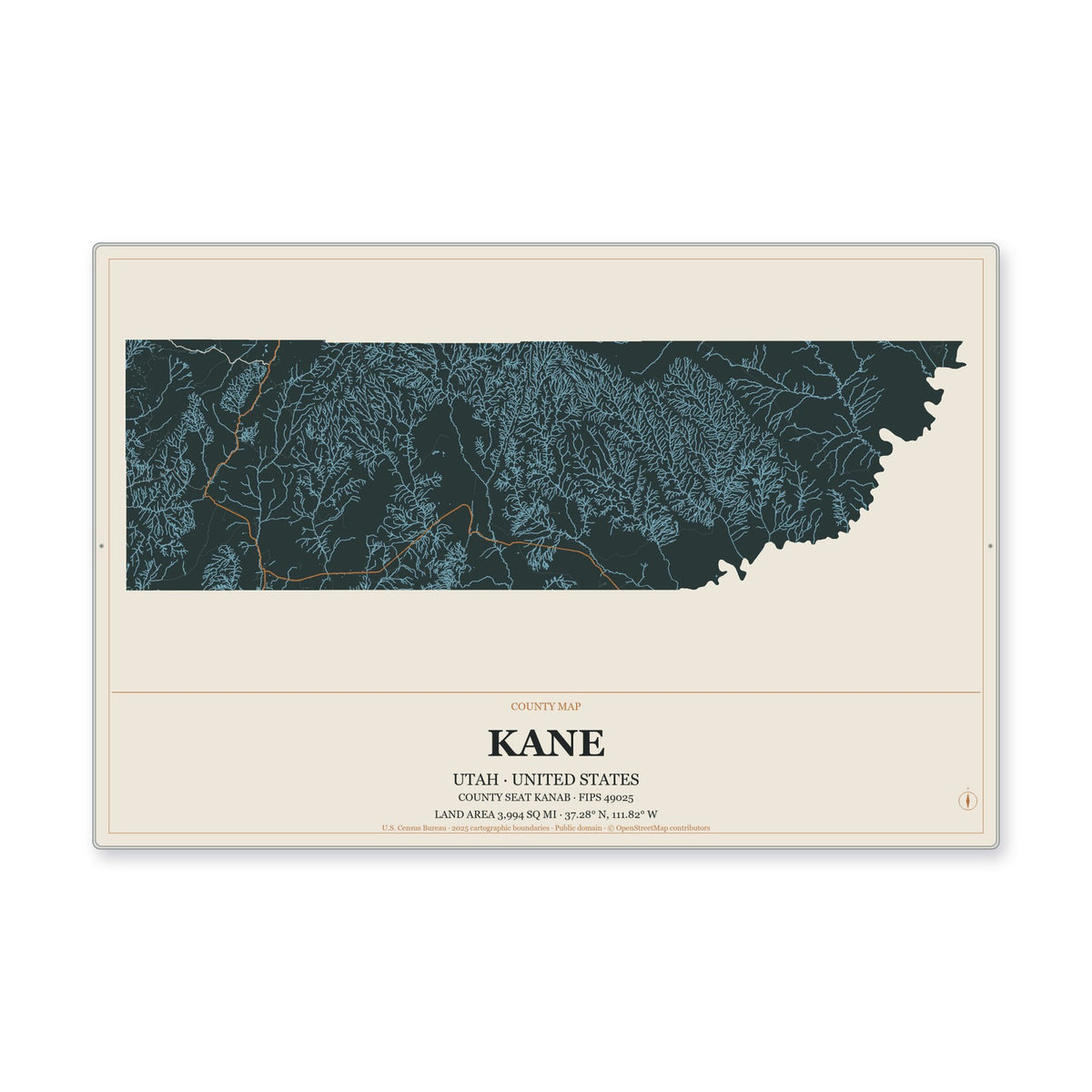 Kane County, Utah Map Aluminum Sign in Headline Atlas style