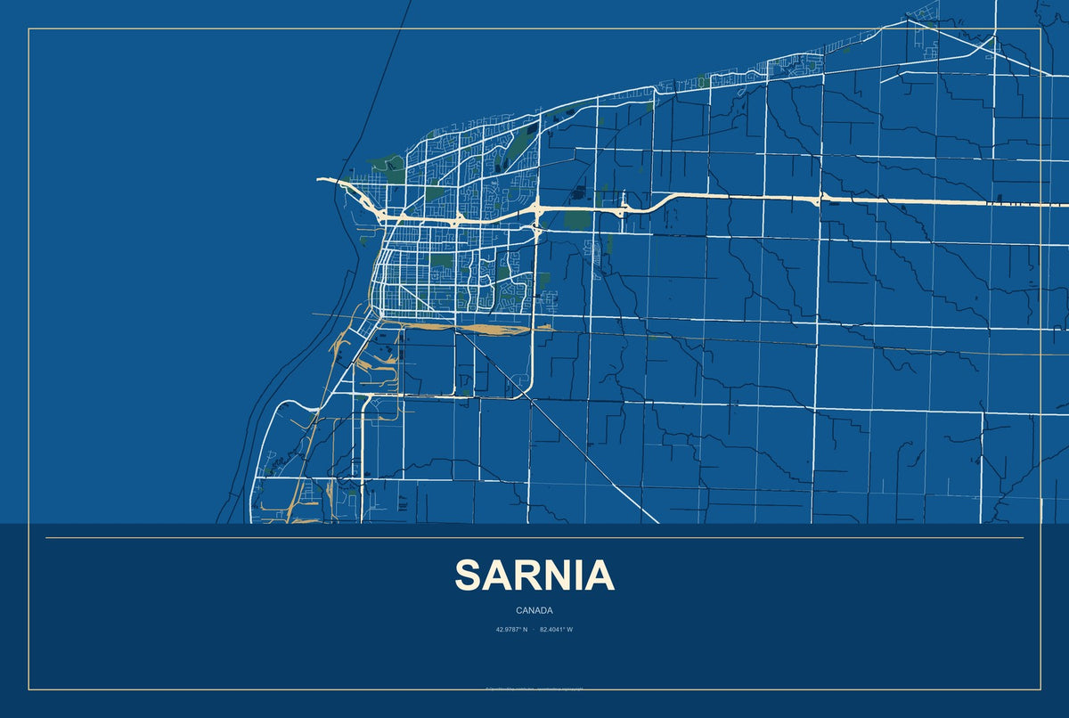 Sarnia, Canada City Map Aluminum Sign in Harbor Cobalt style