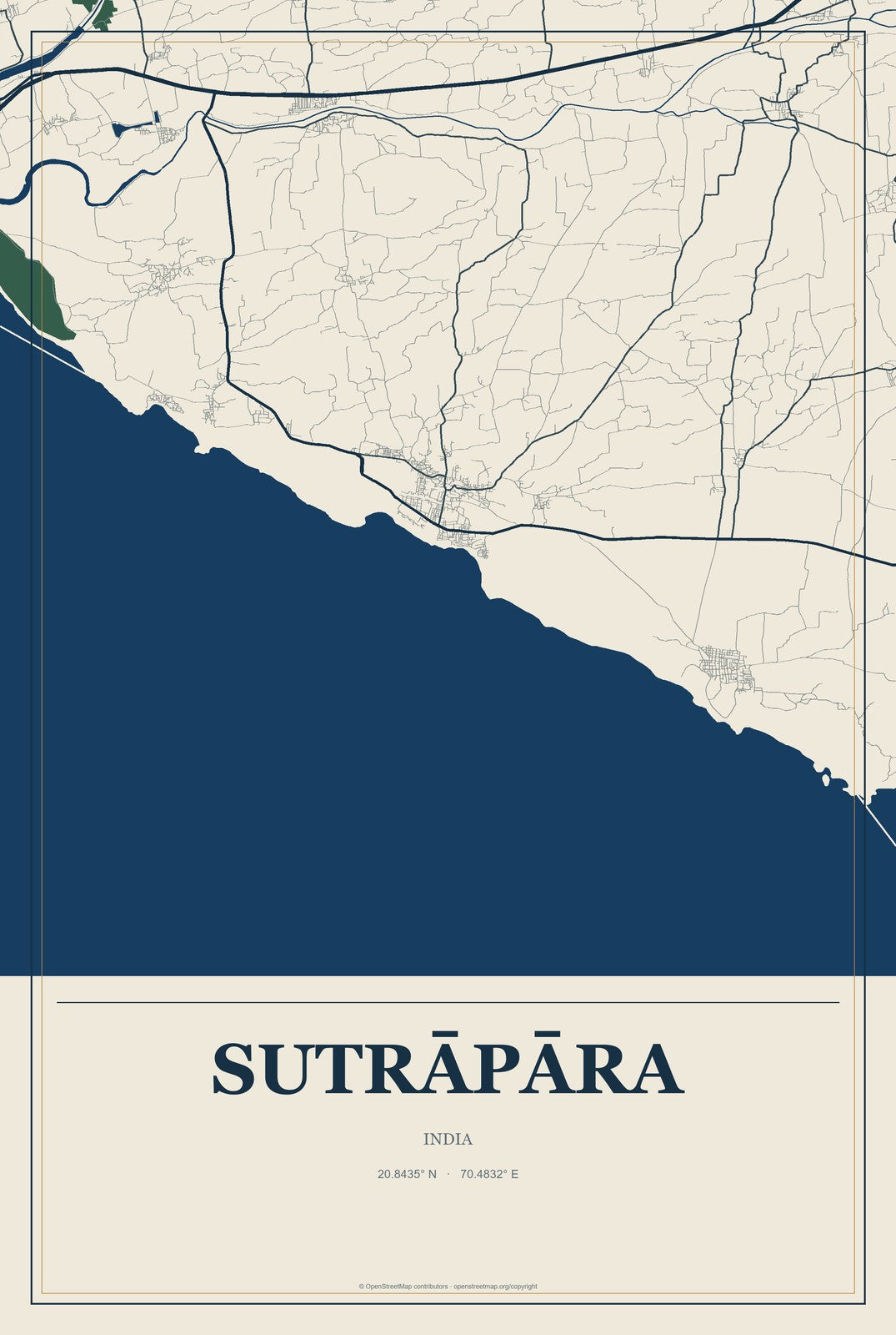 Sutrāpāra, India City Map Aluminum Sign in Coastal Cutout style