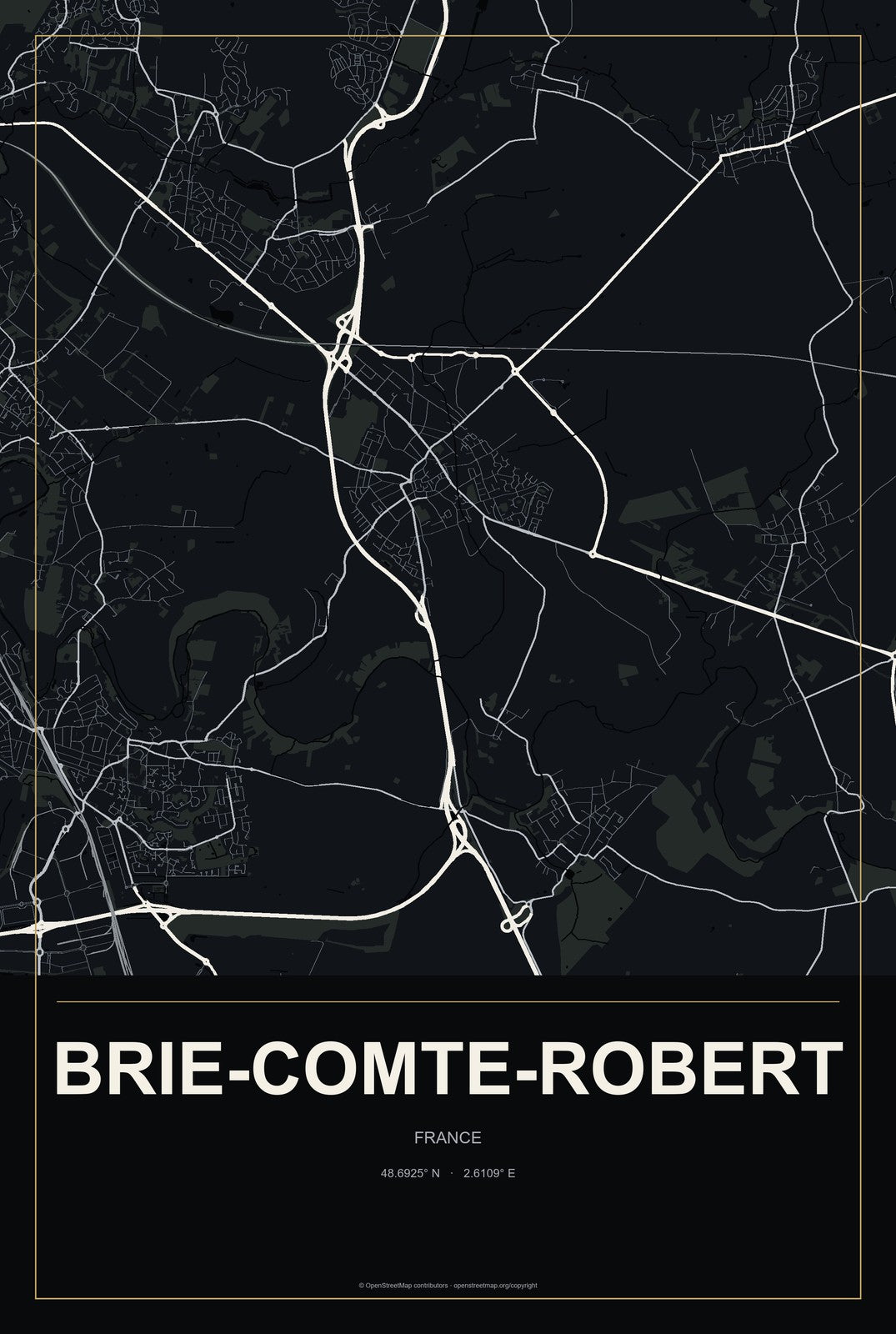 Brie-Comte-Robert, France City Map Aluminum Sign in Metropolitan Noir style
