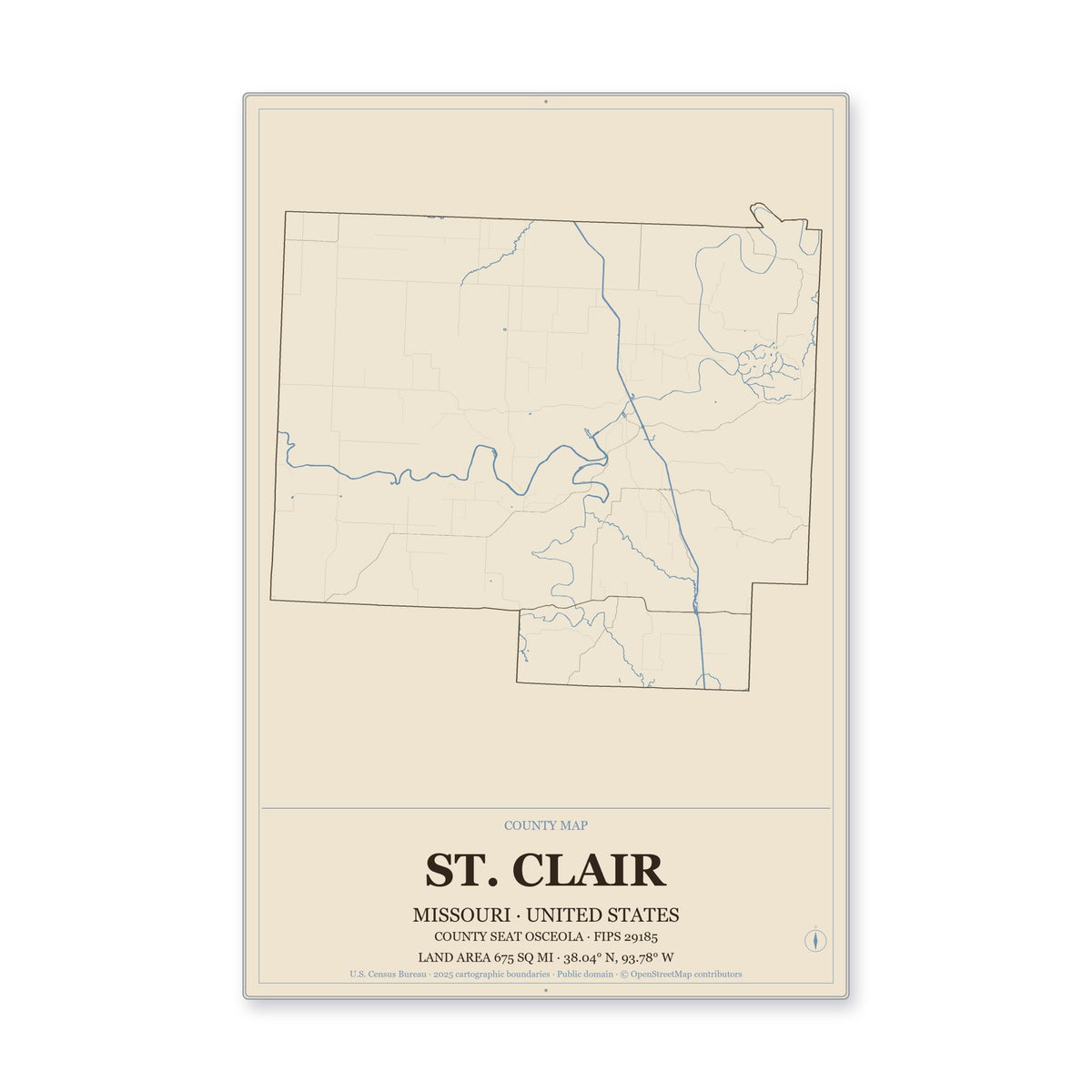 St. Clair County, Missouri Map Aluminum Sign in Heritage Nautical style