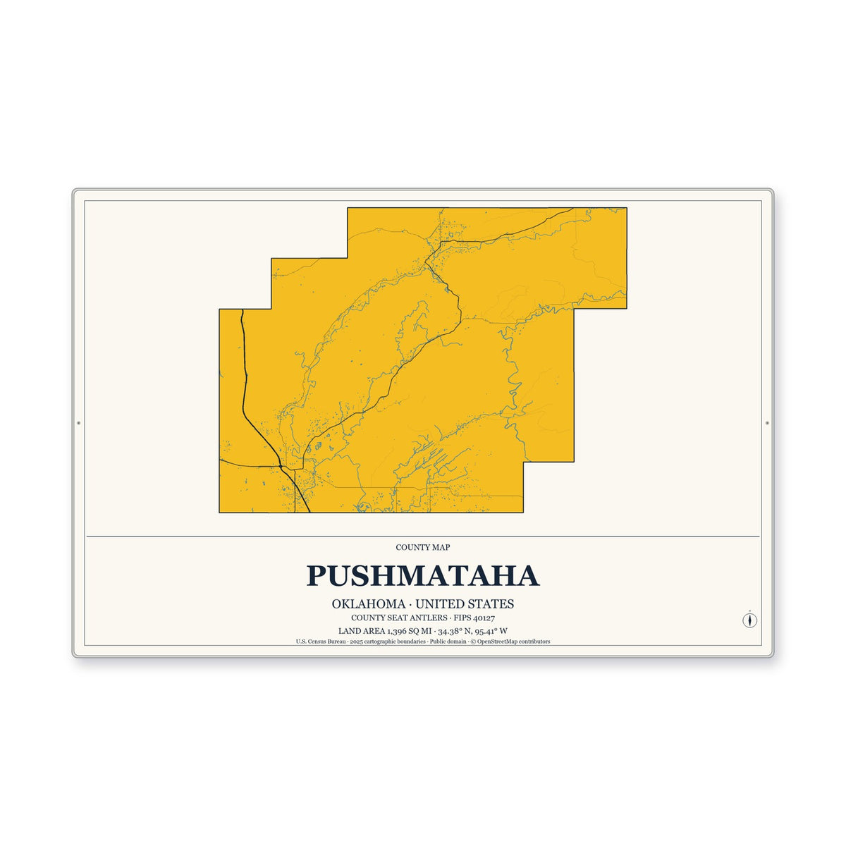 Pushmataha County, Oklahoma Map Aluminum Sign in Citrine Modern style