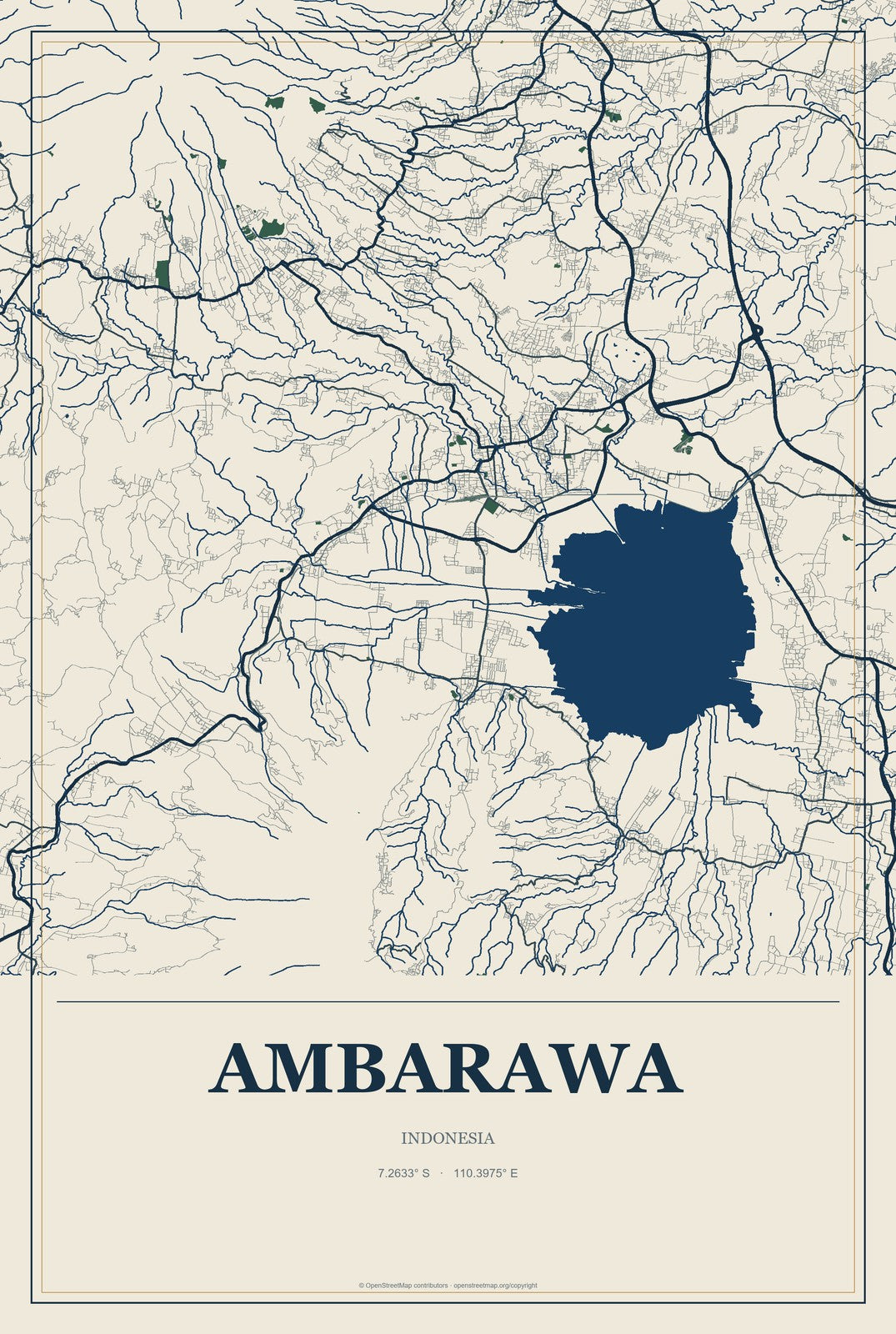 Ambarawa, Indonesia City Map Aluminum Sign in Coastal Cutout style