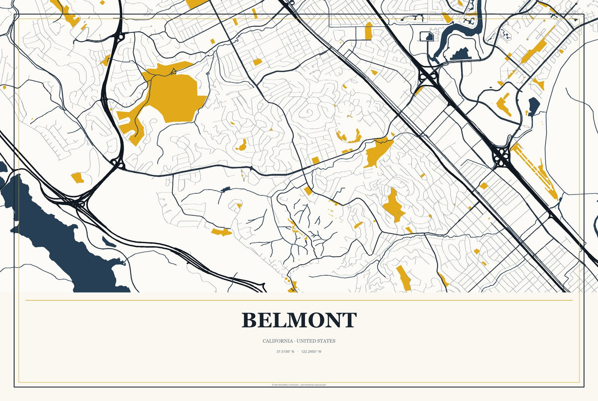 Belmont, California City Map Aluminum Sign in Citrine Modern style