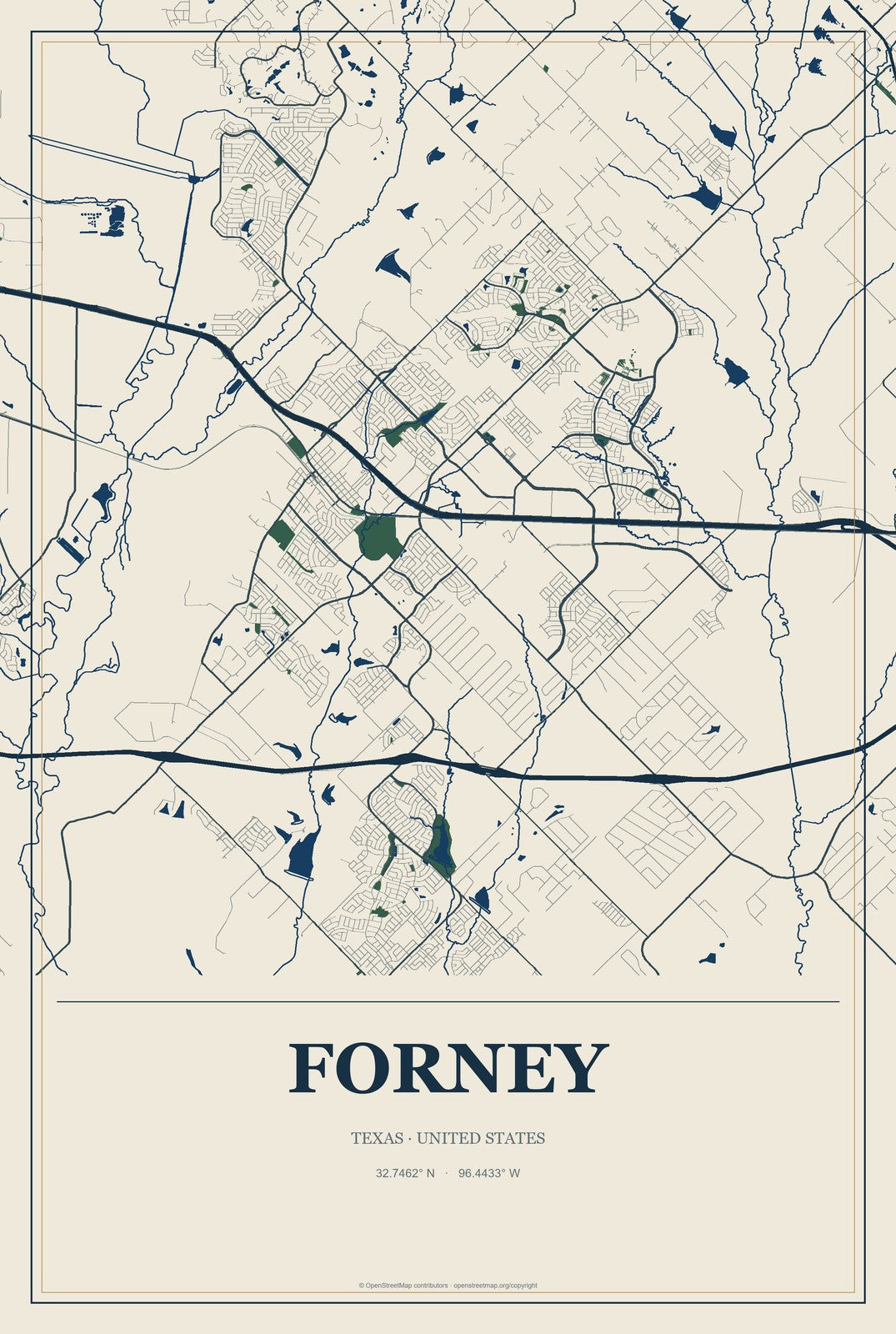 Forney, Texas City Map Aluminum Sign in Coastal Cutout style