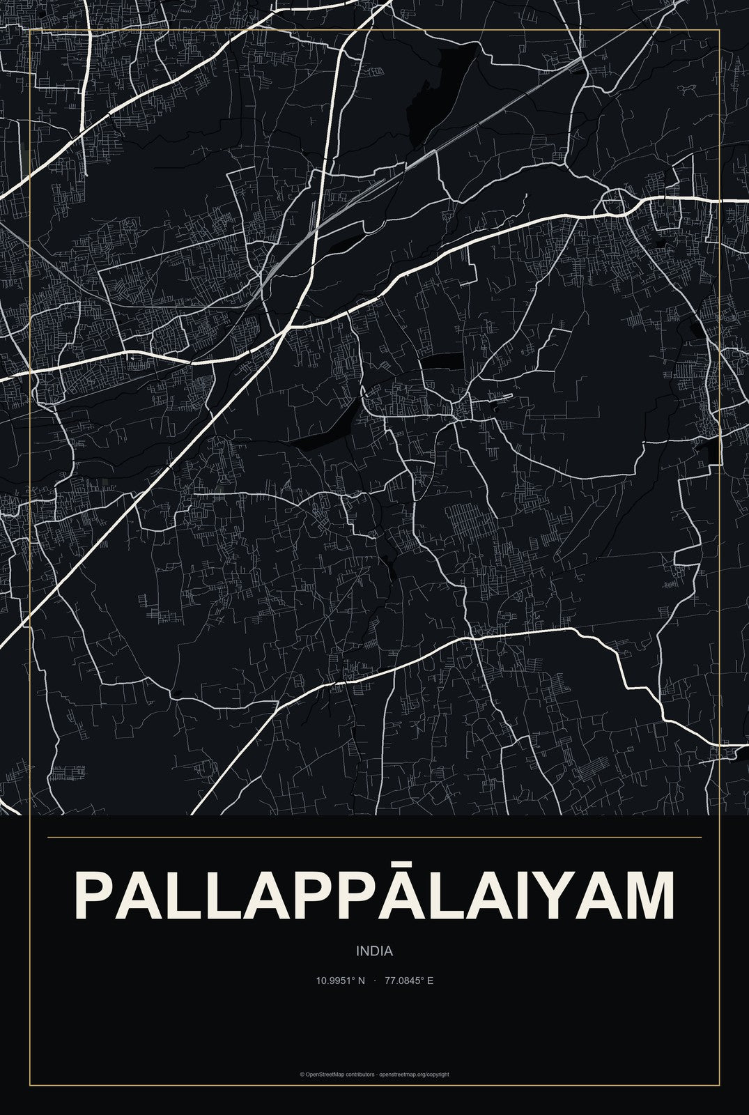 Pallappālaiyam, India City Map Aluminum Sign in Metropolitan Noir style